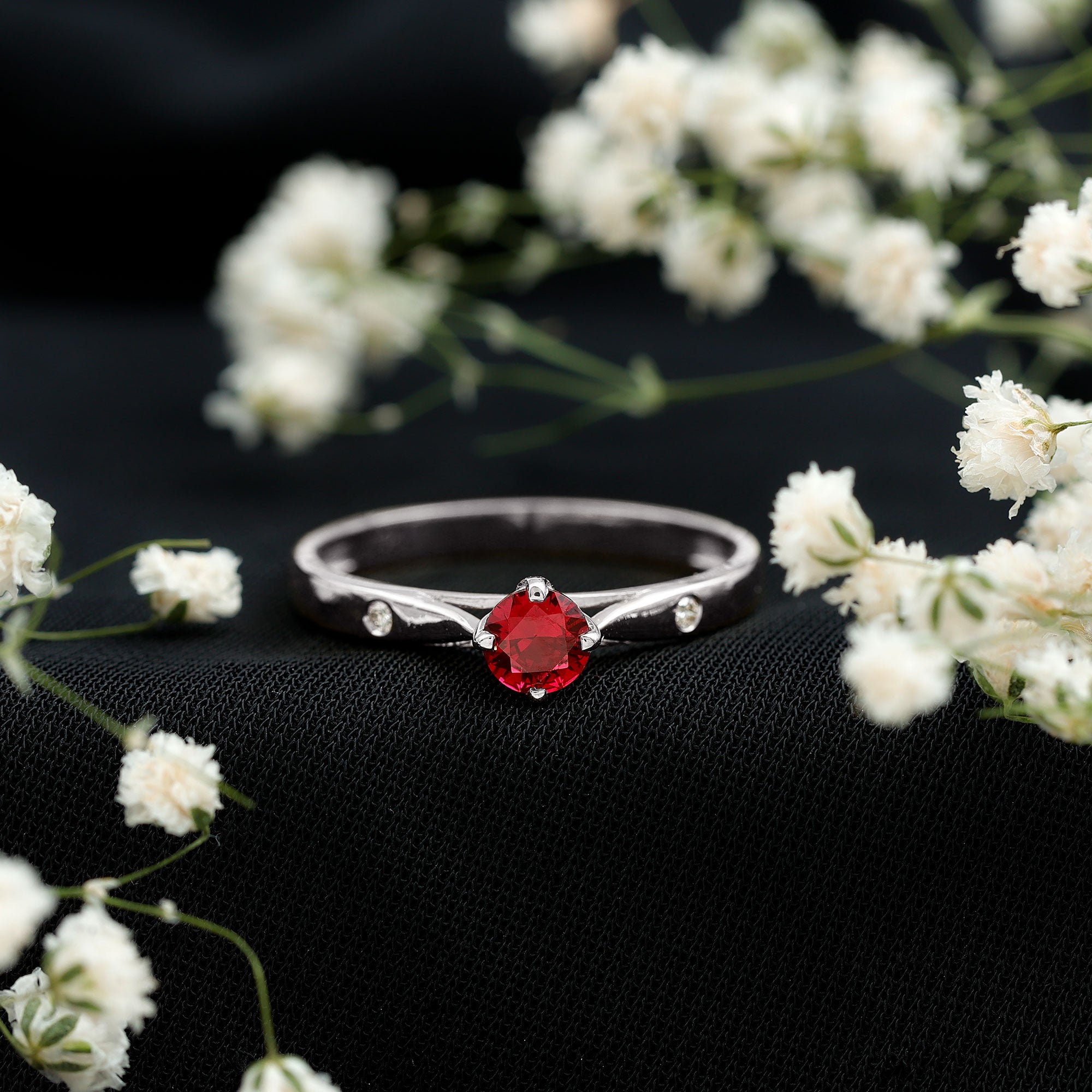 Round Lab Grown Ruby Solitaire Ring with Diamond AAAA - Rosec Jewels