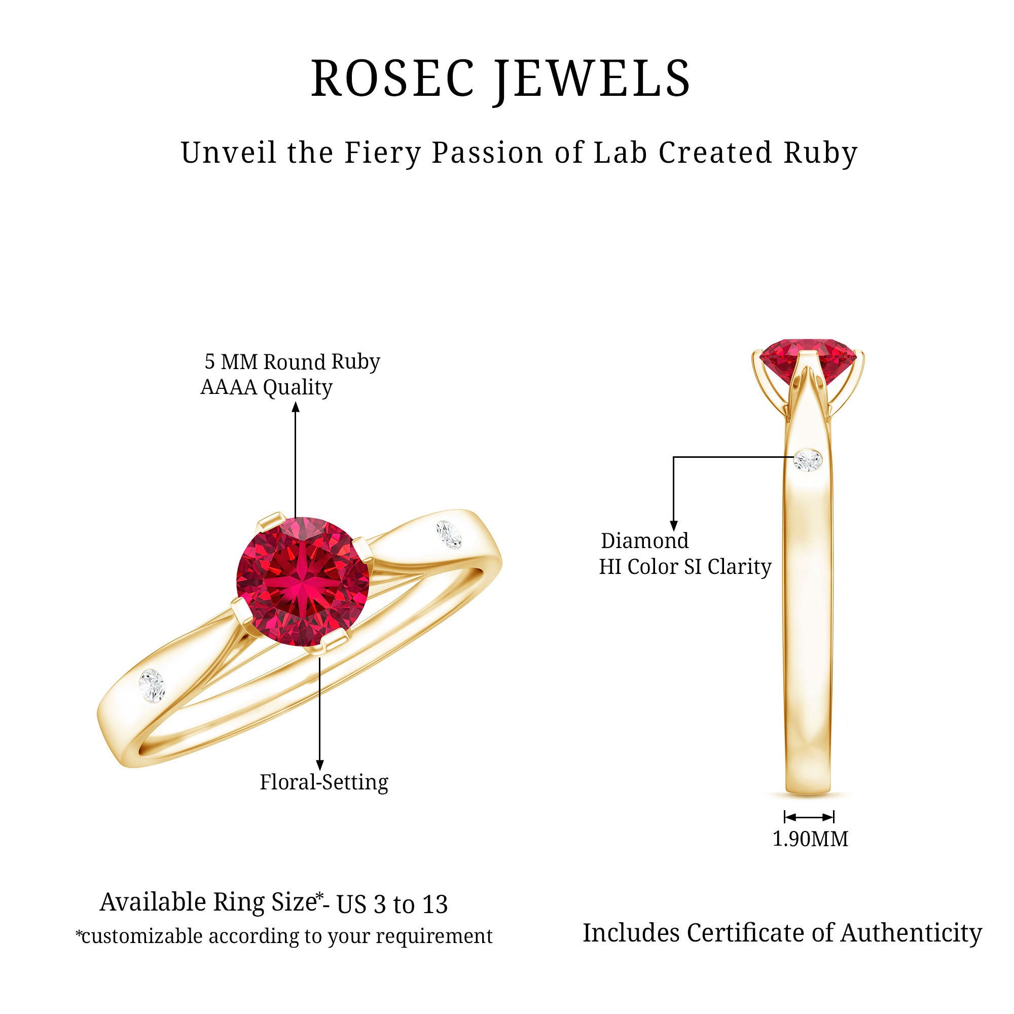 Round Lab Grown Ruby Solitaire Ring with Diamond AAAA - Rosec Jewels