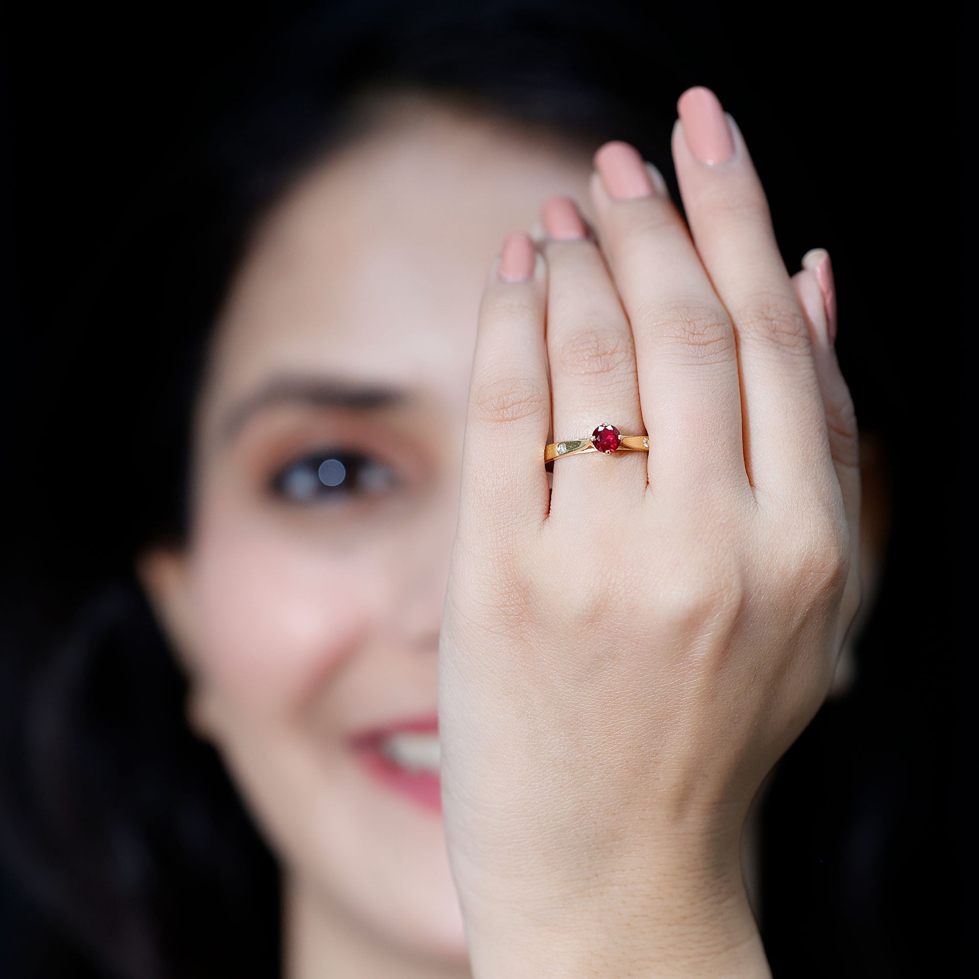 Round Lab Grown Ruby Solitaire Ring with Diamond AAAA - Rosec Jewels