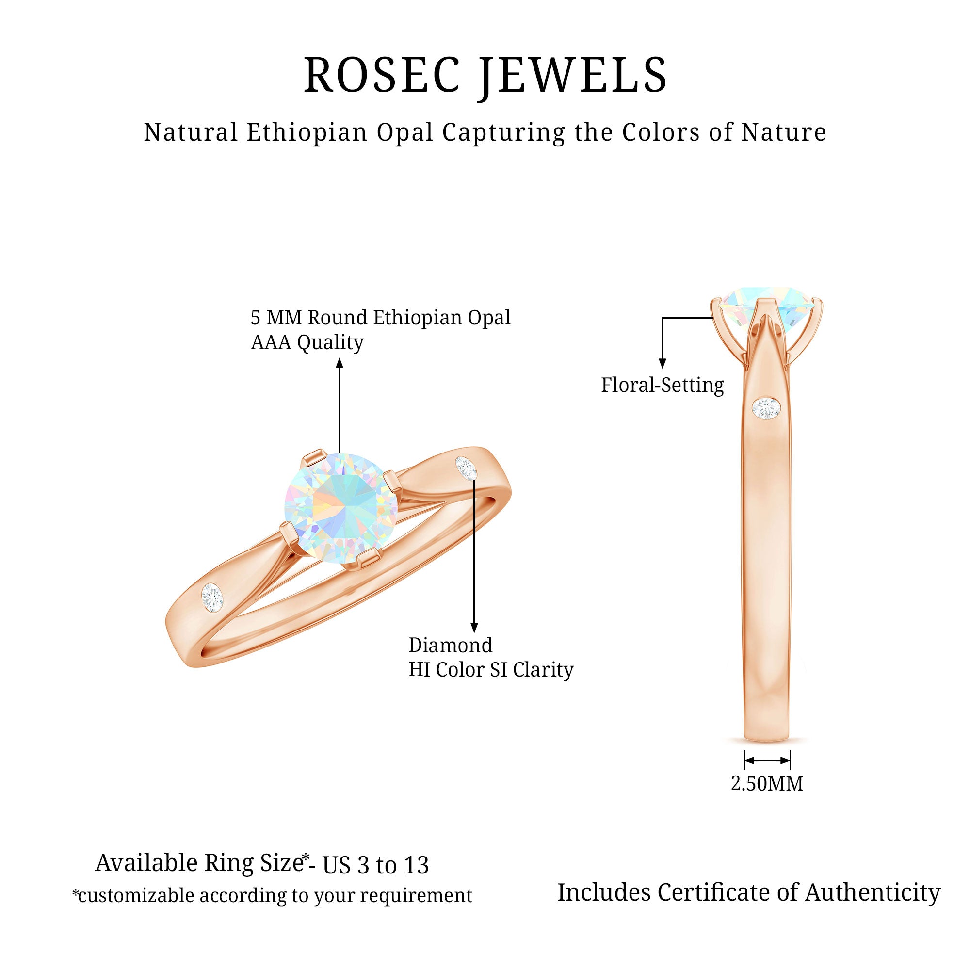 Natural Solitaire Ethiopian Opal Promise Ring with Diamond AAA - Rosec Jewels