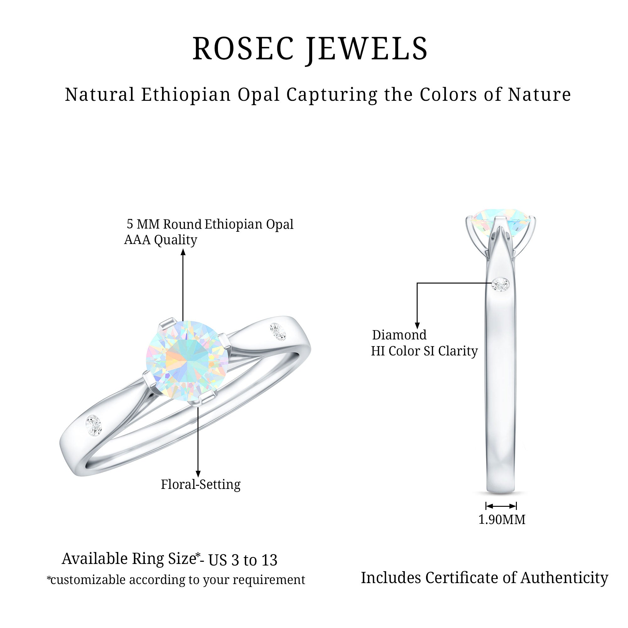 Natural Solitaire Ethiopian Opal Promise Ring with Diamond AAA - Rosec Jewels