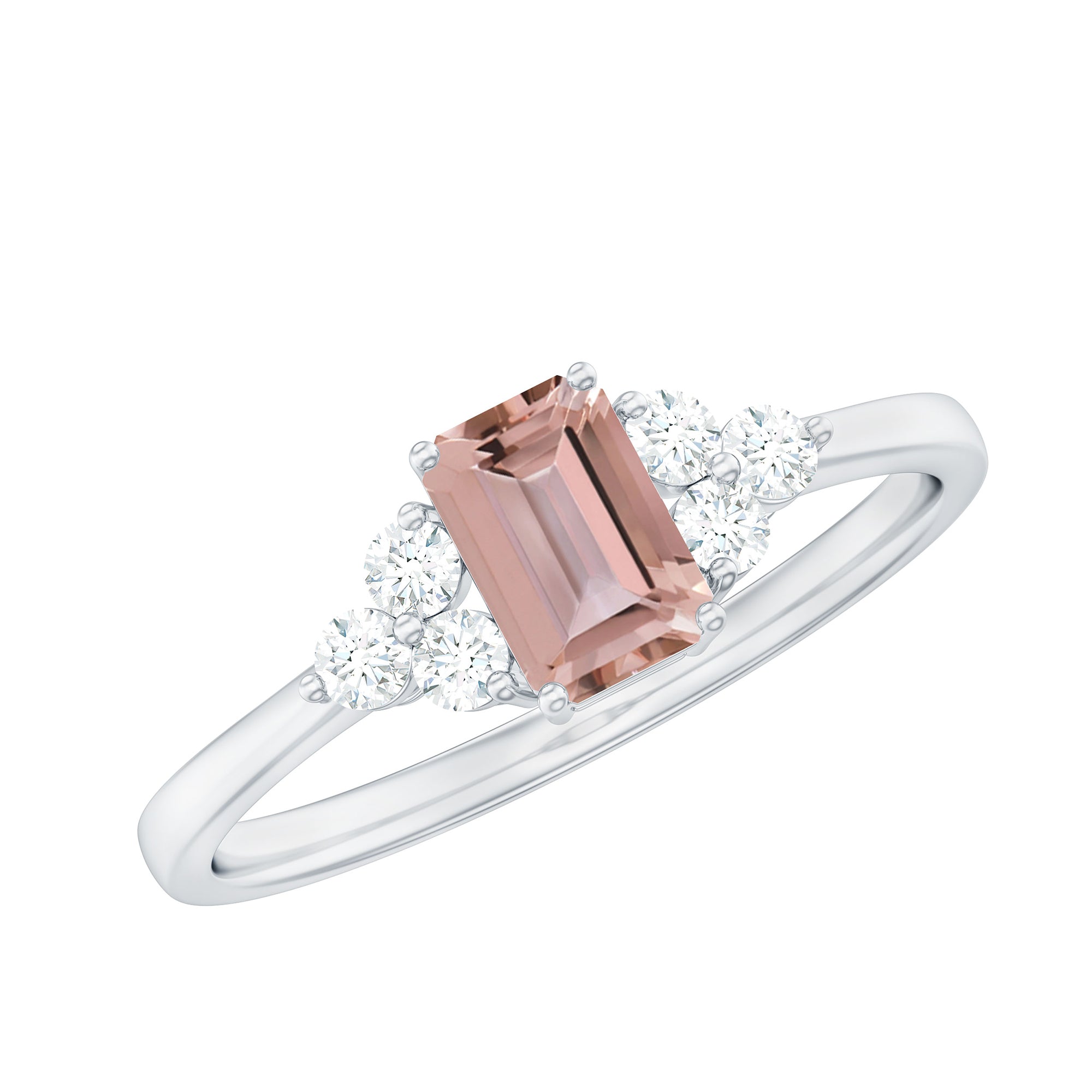 1 CT Emerald Cut Morganite Solitaire Ring with Diamond Trio