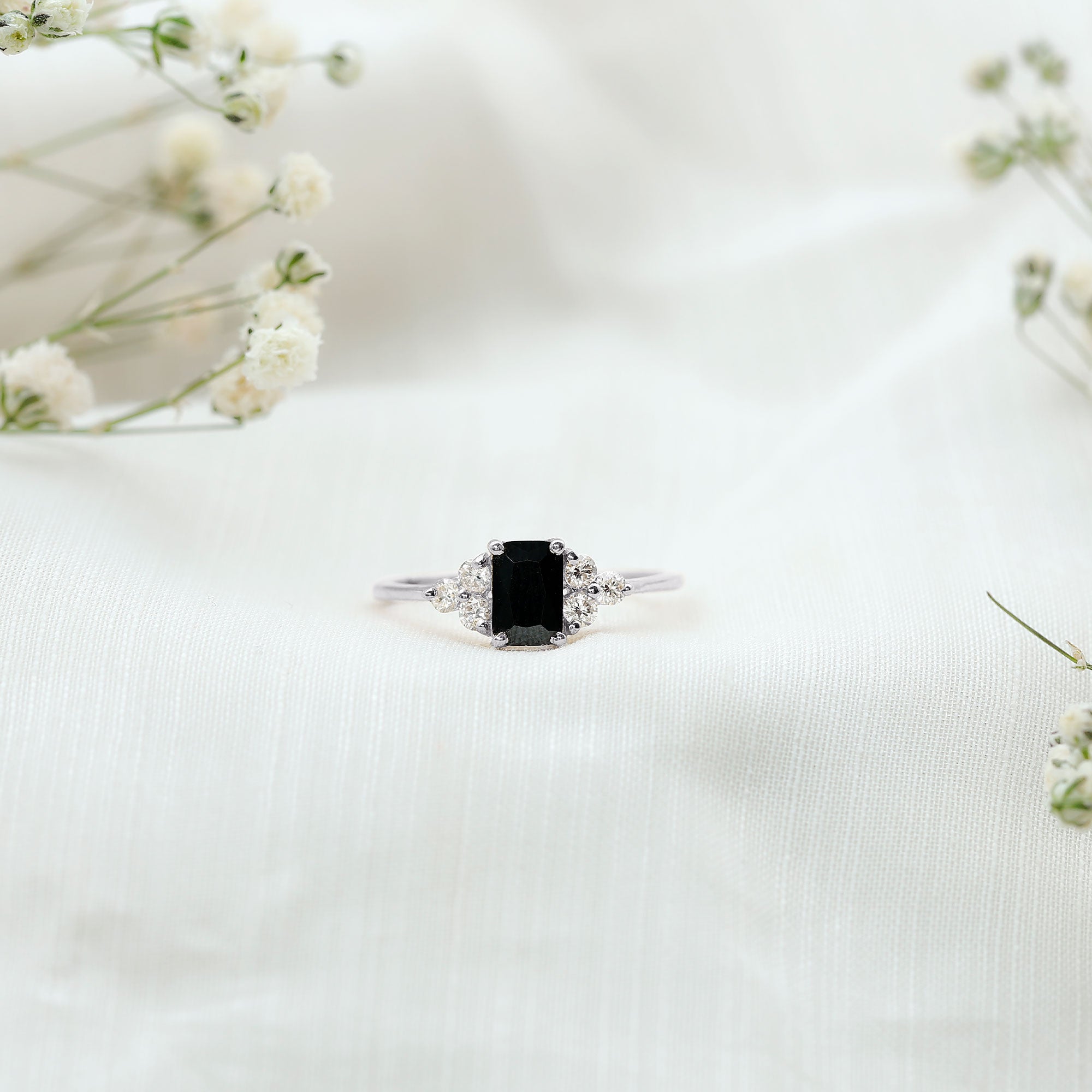 Emerald Cut Created Black Diamond Solitaire Ring with Diamond Trio AAAA ( Synthetic ) - Rosec Jewels
