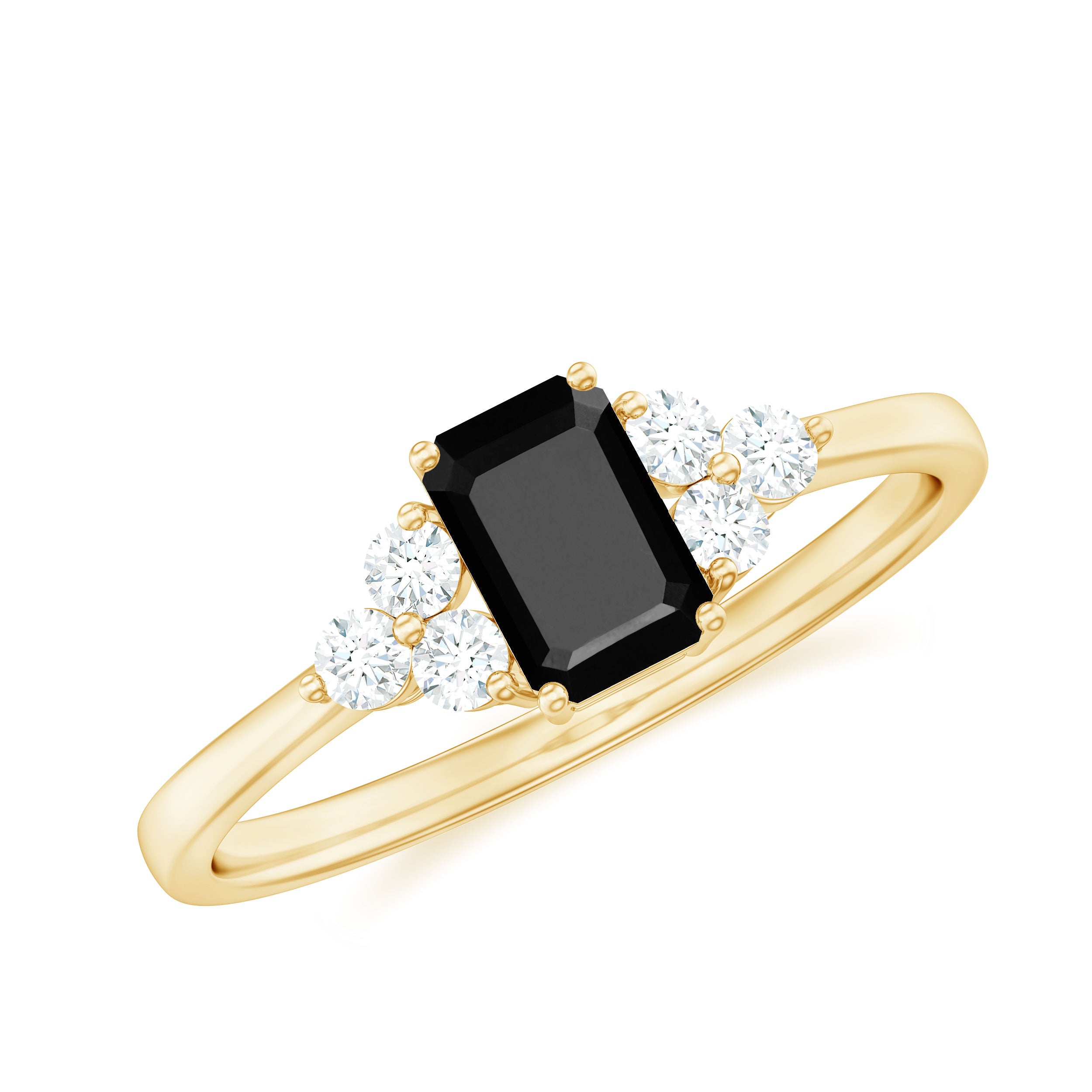 Emerald Cut Created Black Diamond Solitaire Ring with Diamond Trio AAAA ( Synthetic ) - Rosec Jewels
