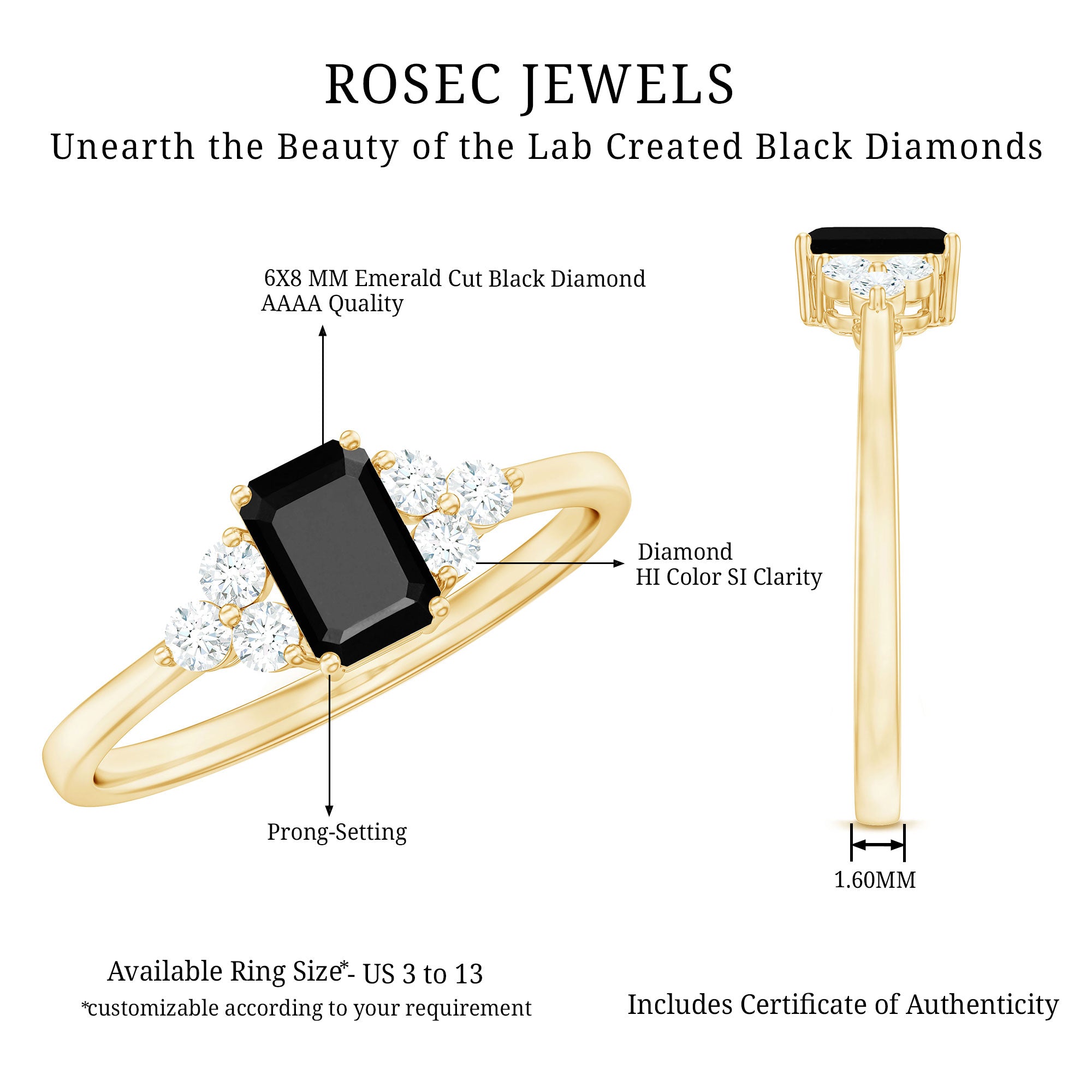Emerald Cut Created Black Diamond Solitaire Ring with Diamond Trio AAAA ( Synthetic ) - Rosec Jewels