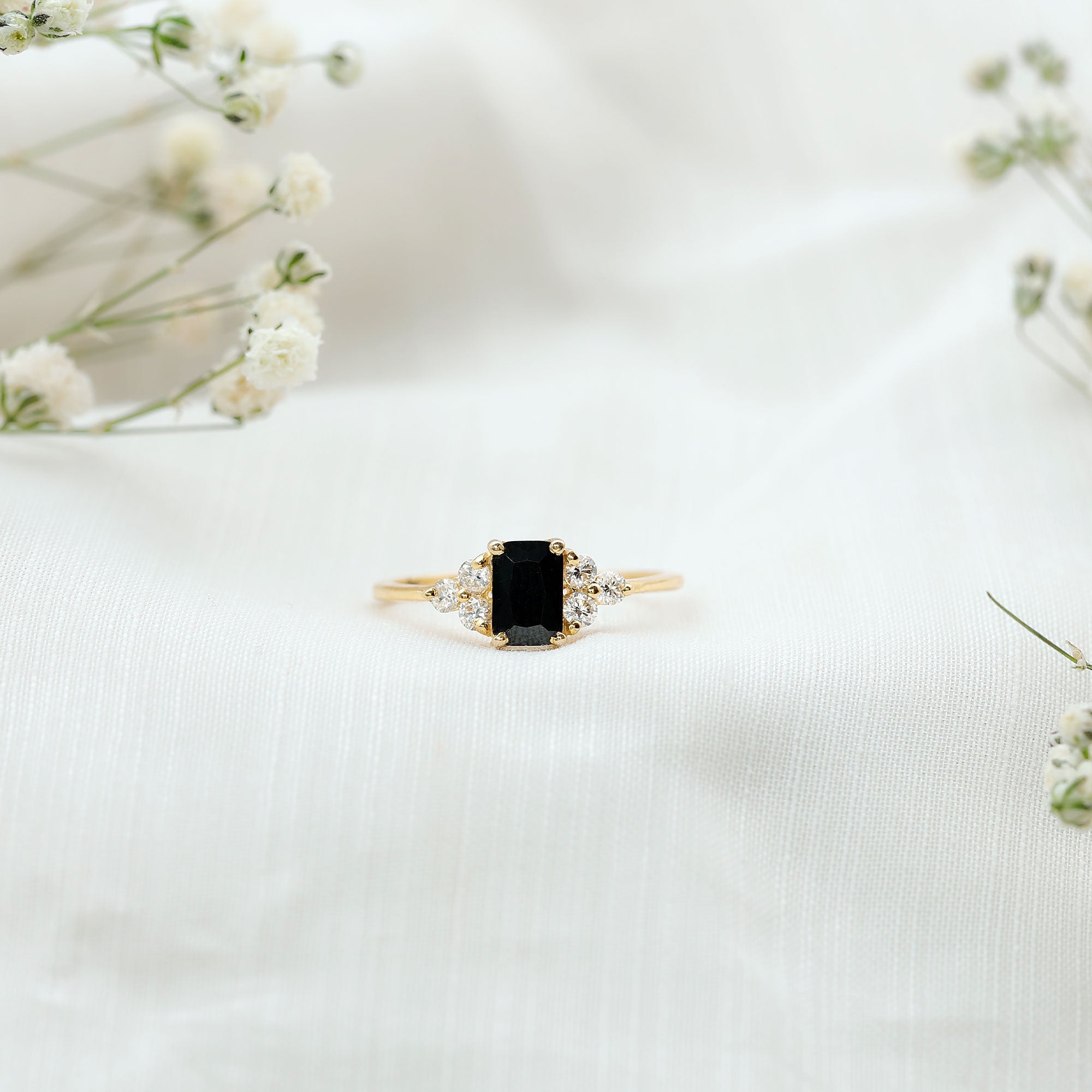 Emerald Cut Created Black Diamond Solitaire Ring with Diamond Trio AAAA ( Synthetic ) - Rosec Jewels
