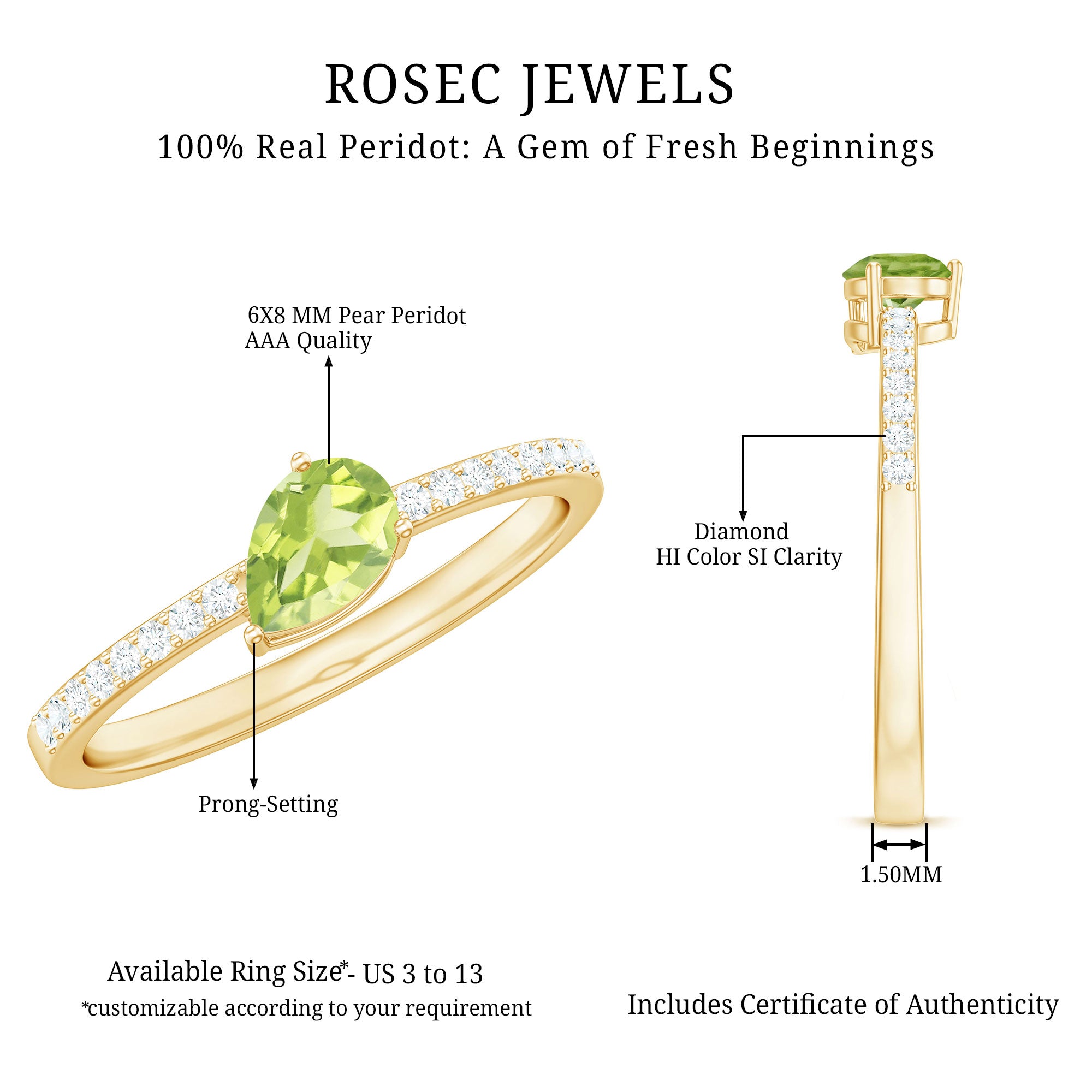 Natural 1 Carat Pear Shape Peridot Engagement Ring with Diamond AAA - Rosec Jewels