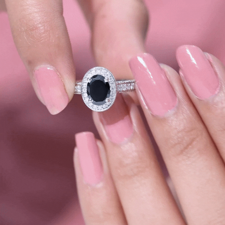 Vintage Inspired Black Onyx Oval Engagement Ring with Diamond Halo AAA - Rosec Jewels