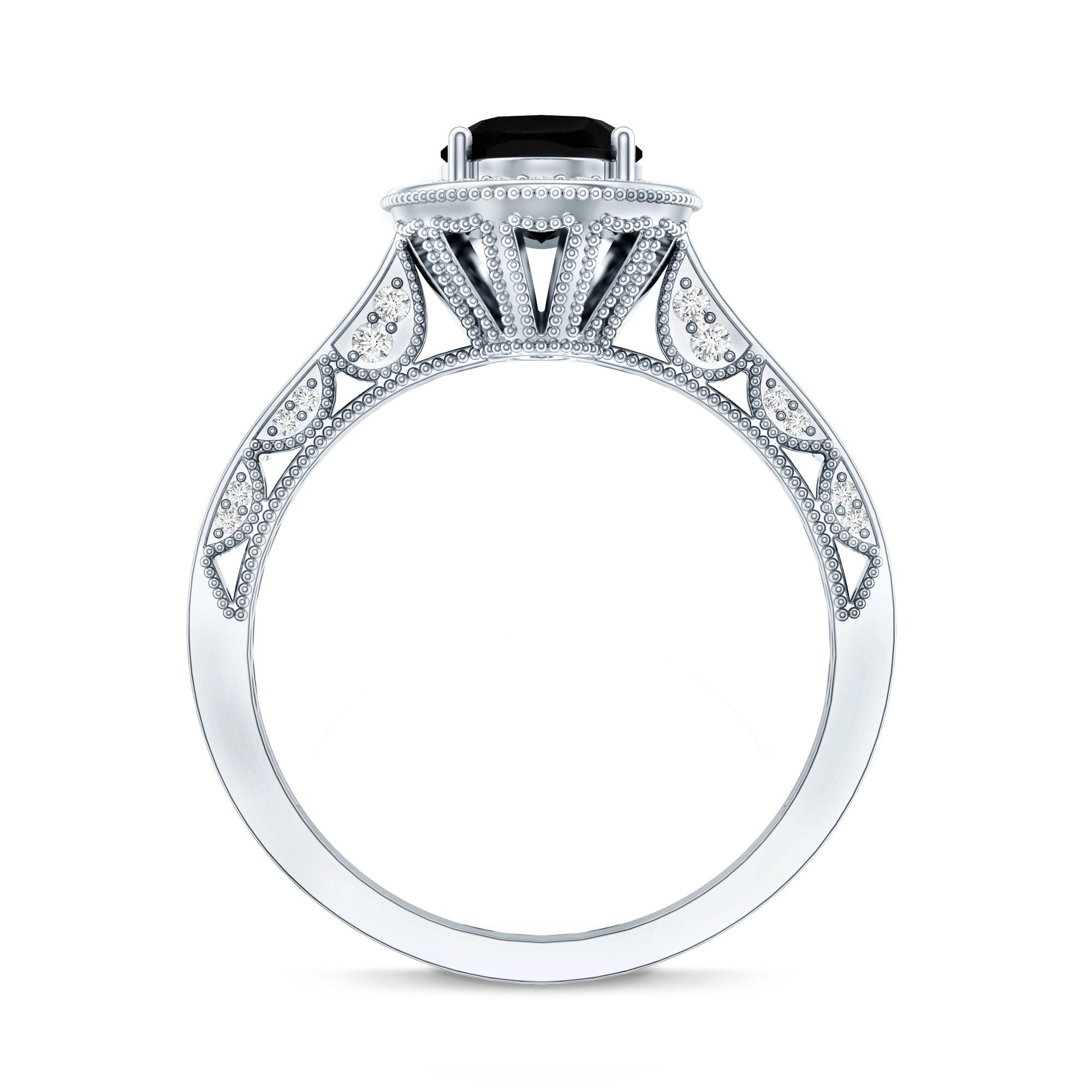 Vintage Inspired Black Onyx Oval Engagement Ring with Diamond Halo AAA - Rosec Jewels