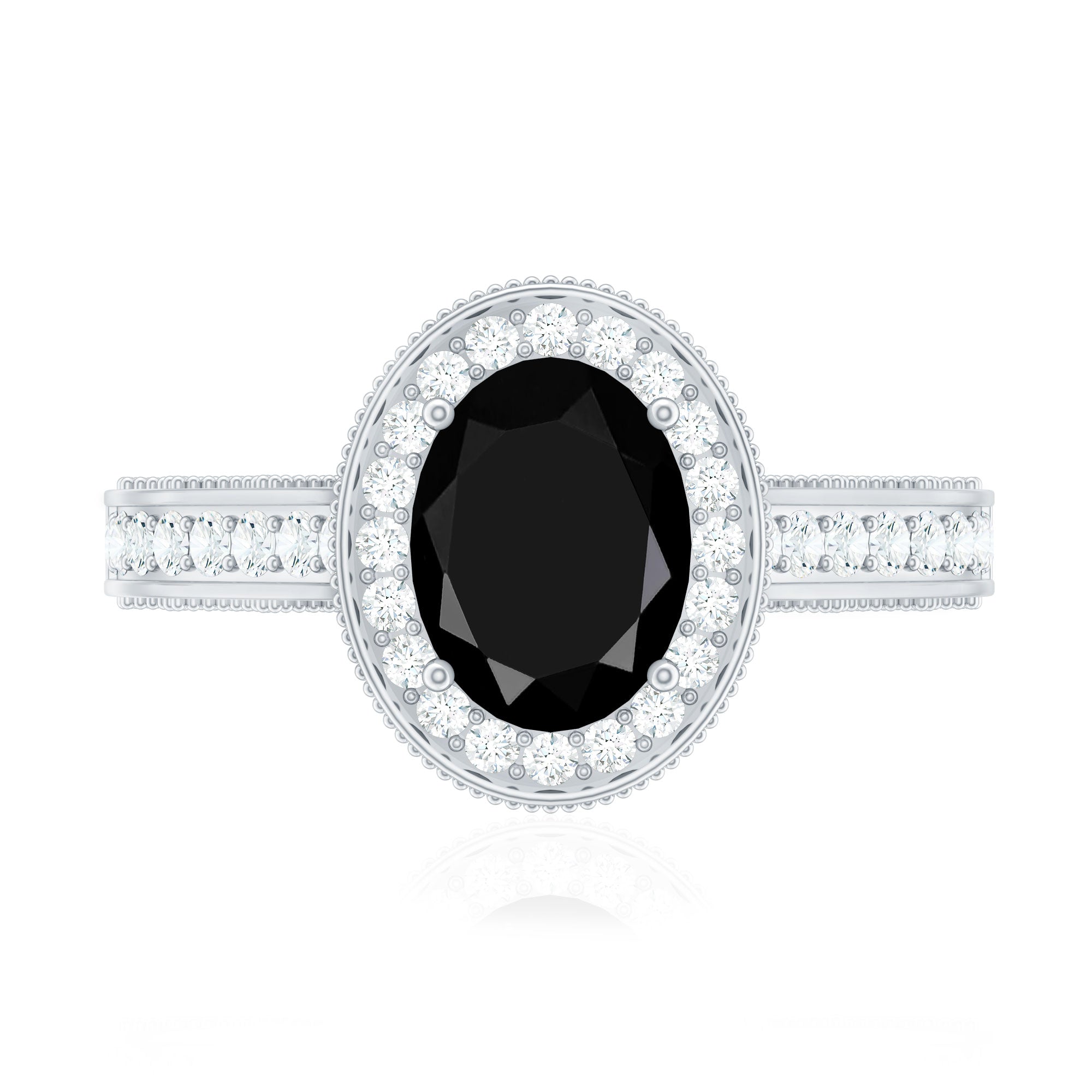Rosec Jewels-Vintage Inspired Black Onyx Oval Engagement Ring with Diamond Halo