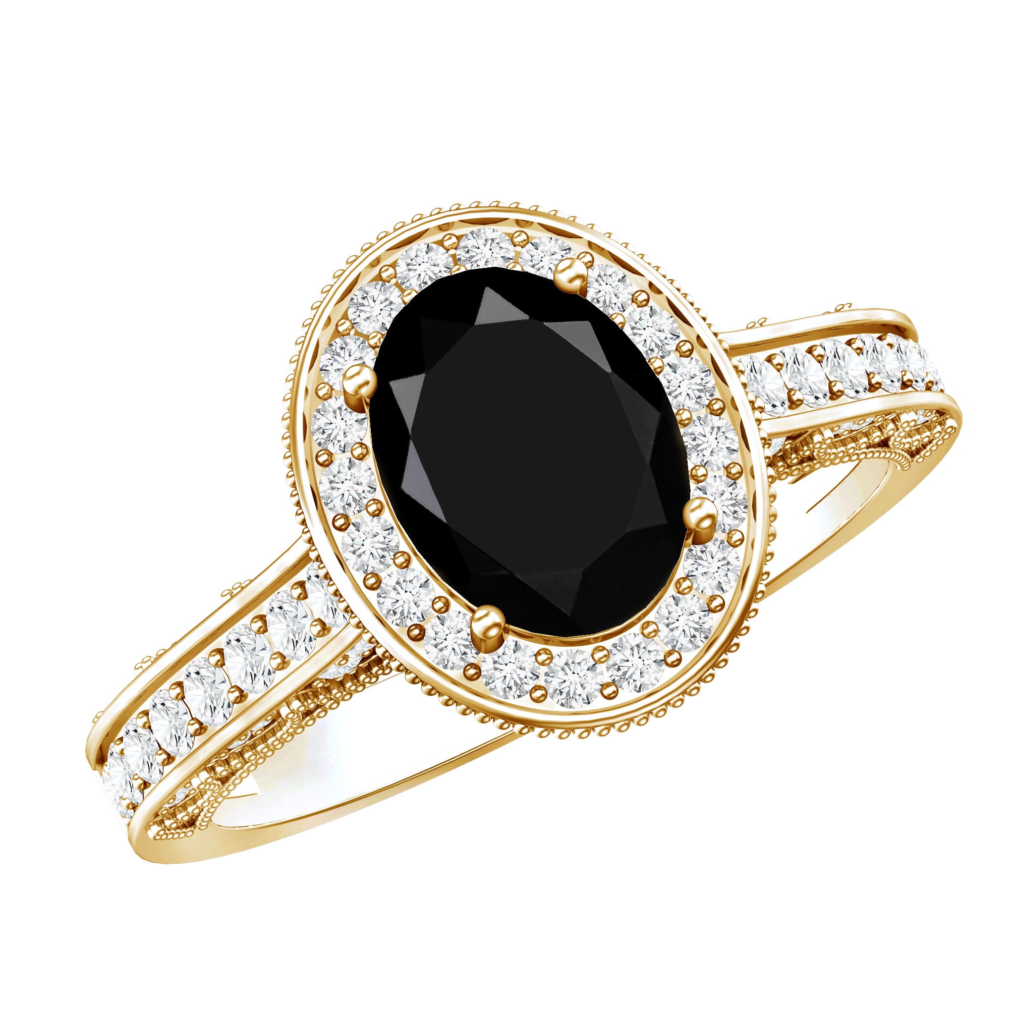 Vintage Inspired Black Onyx Oval Engagement Ring with Diamond Halo AAA - Rosec Jewels