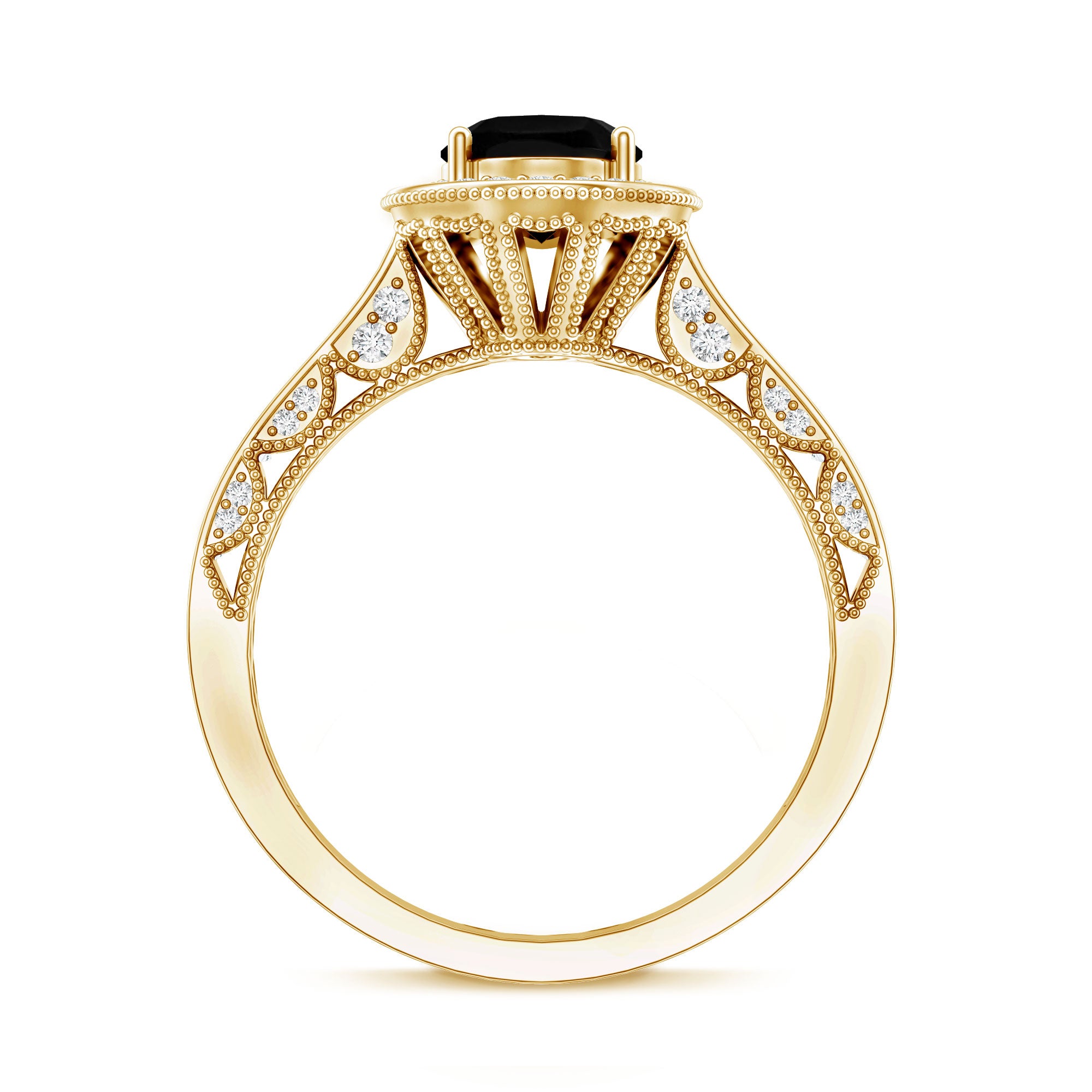Vintage Inspired Black Onyx Oval Engagement Ring with Diamond Halo AAA - Rosec Jewels