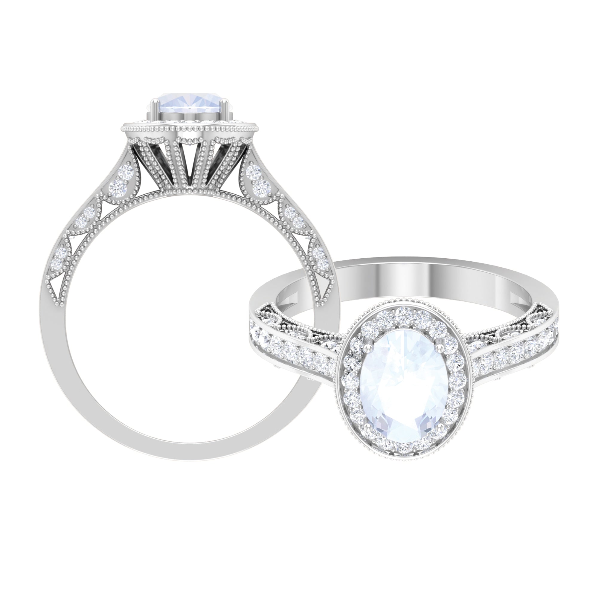 1.50 CT Moonstone and Diamond Engagement Ring with Milgrain Details AAA - Rosec Jewels