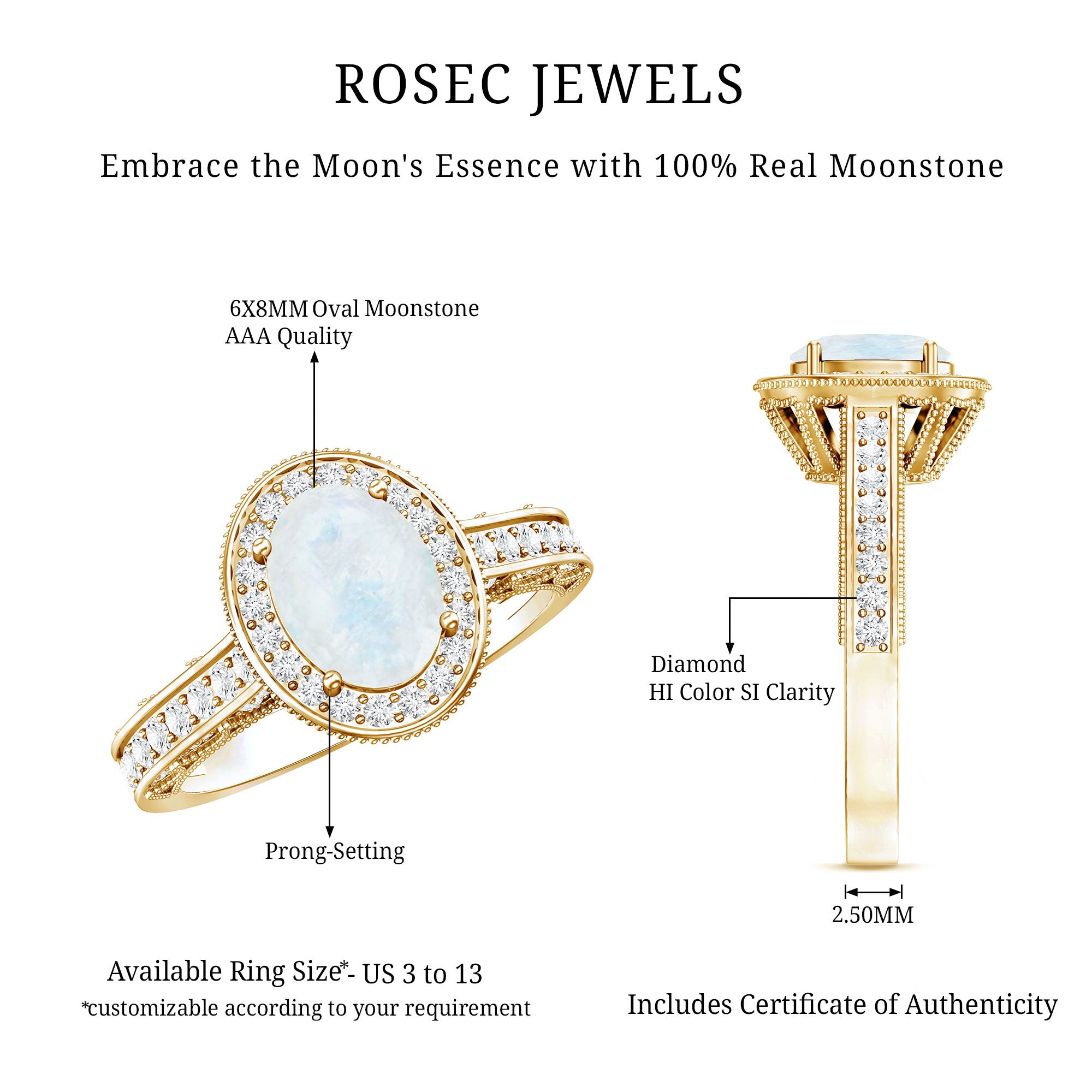 1.50 CT Moonstone and Diamond Engagement Ring with Milgrain Details AAA - Rosec Jewels