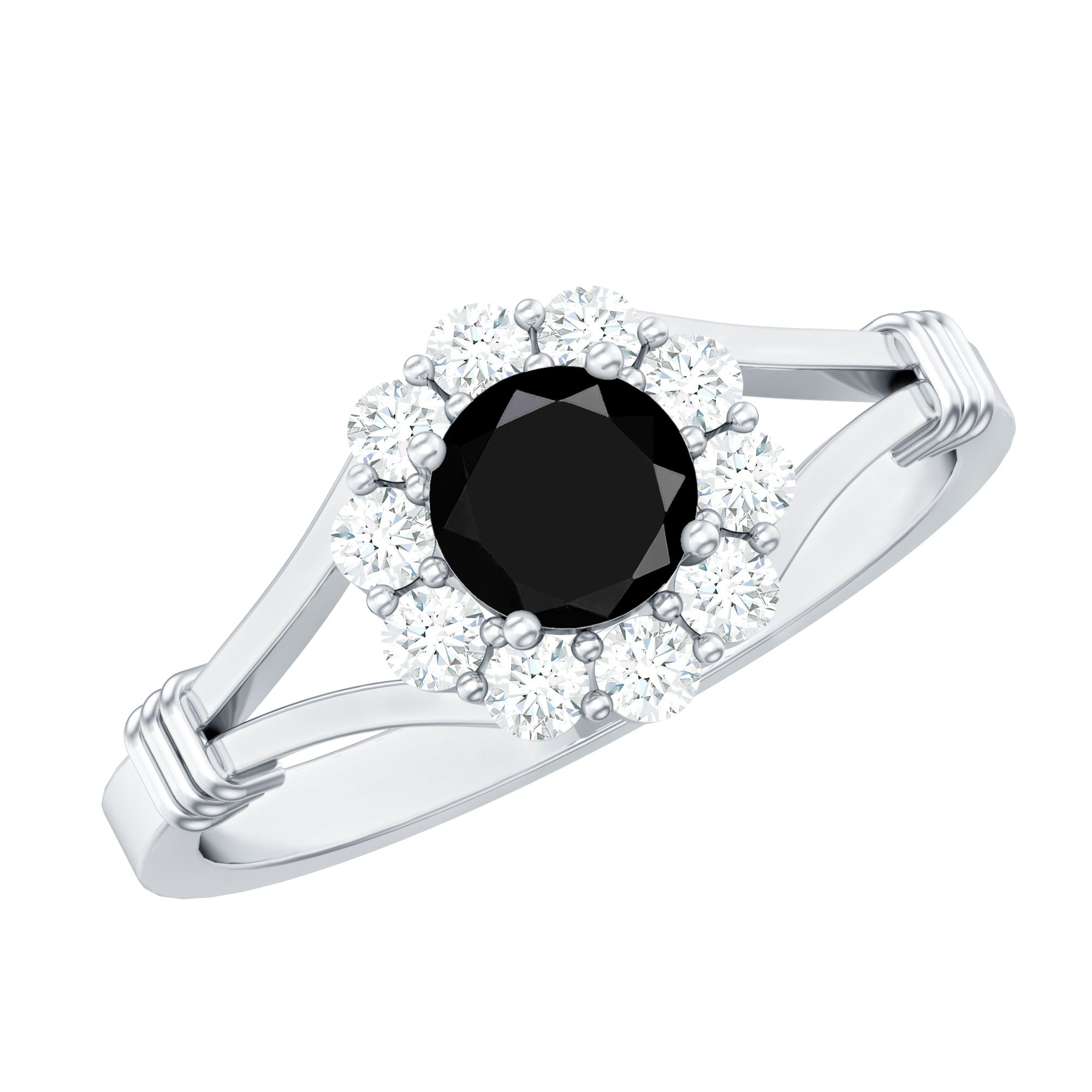5mm Black Onyx Floral Engagement Ring with Diamond Halo