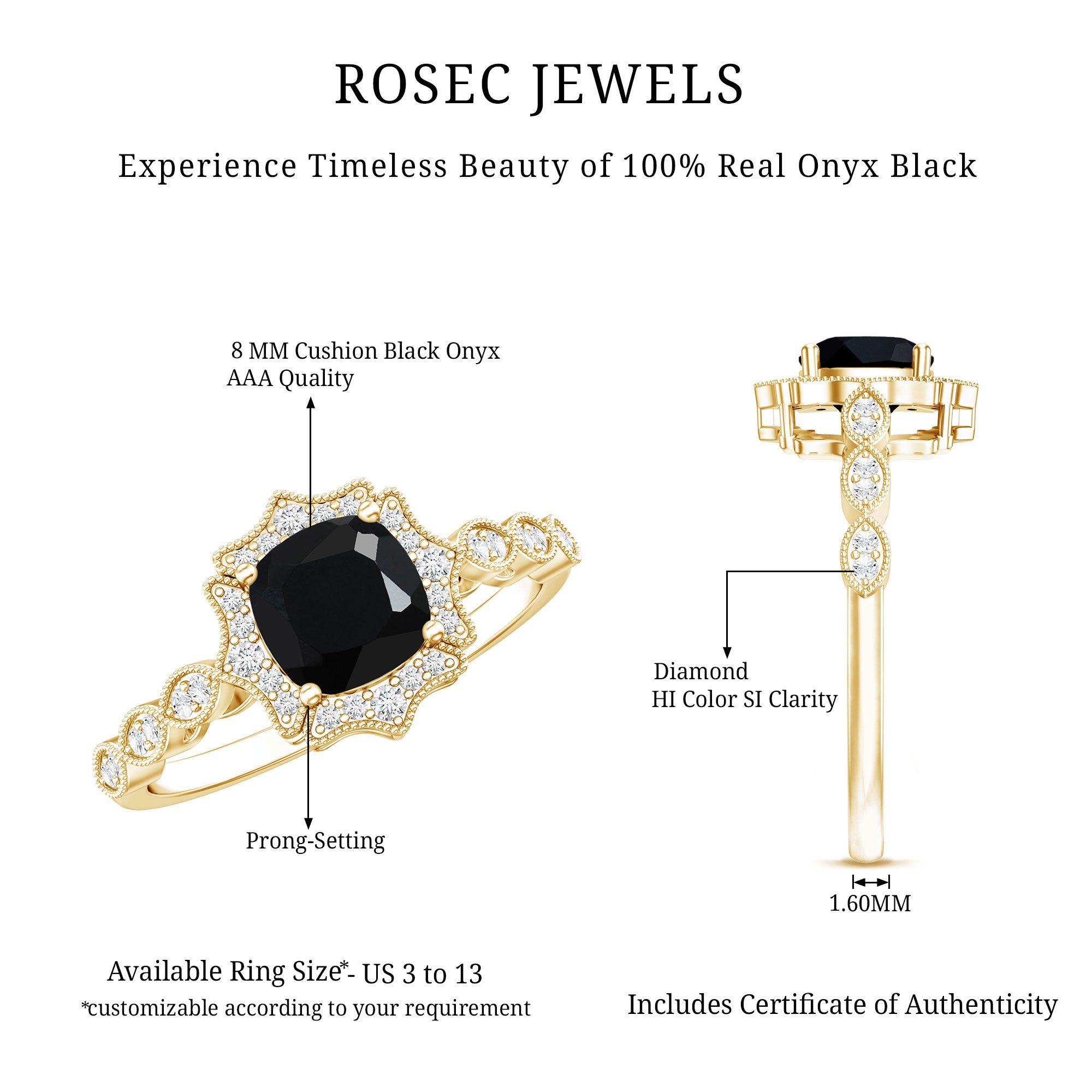 Vintage Inspired Black Onyx and Diamond Halo Engagement Ring AAA - Rosec Jewels