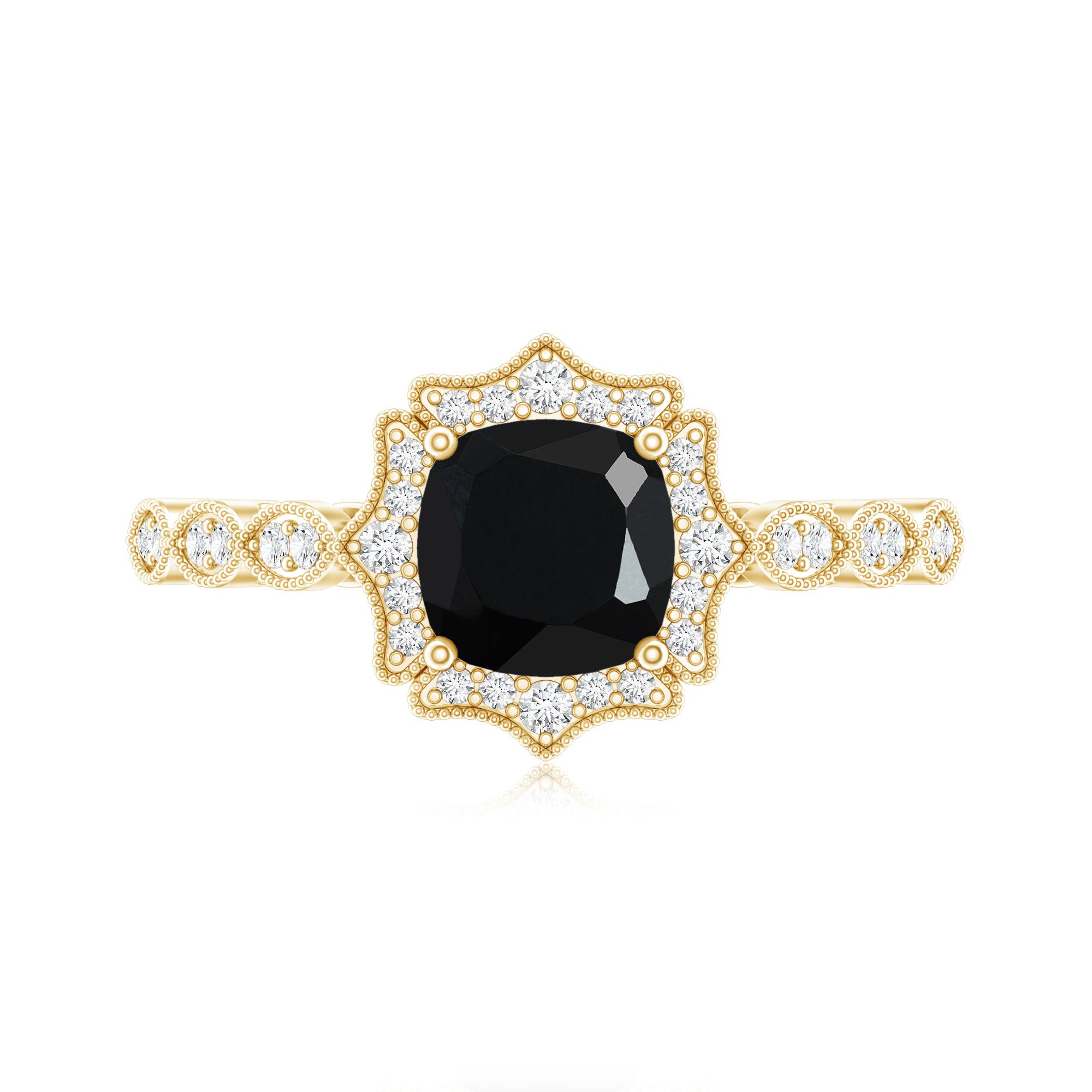 Vintage Inspired Black Onyx and Diamond Halo Engagement Ring AAA - Rosec Jewels