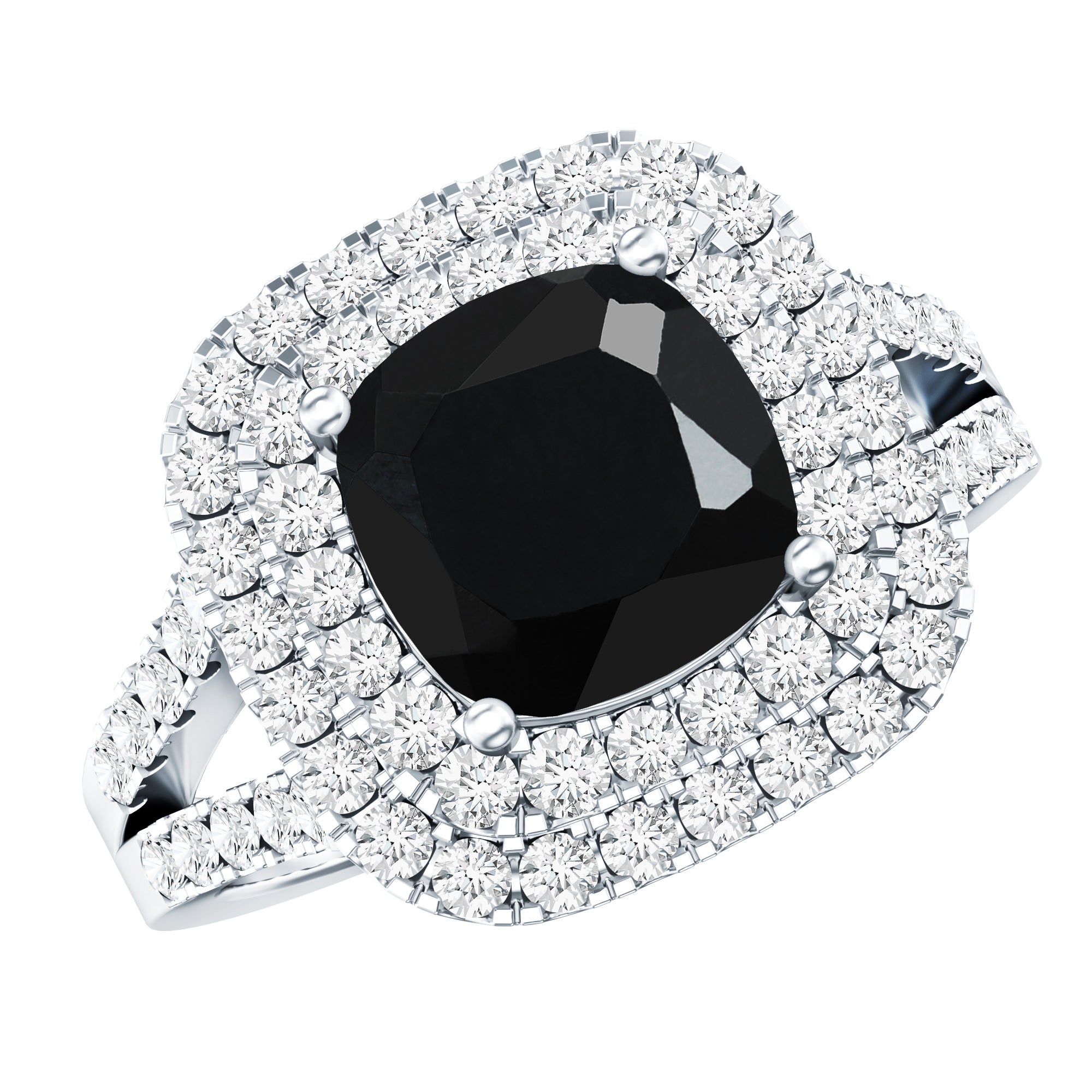 Vintage Style Cushion Cut Black Onyx and Diamond Double Halo Engagement Ring AAA - Rosec Jewels