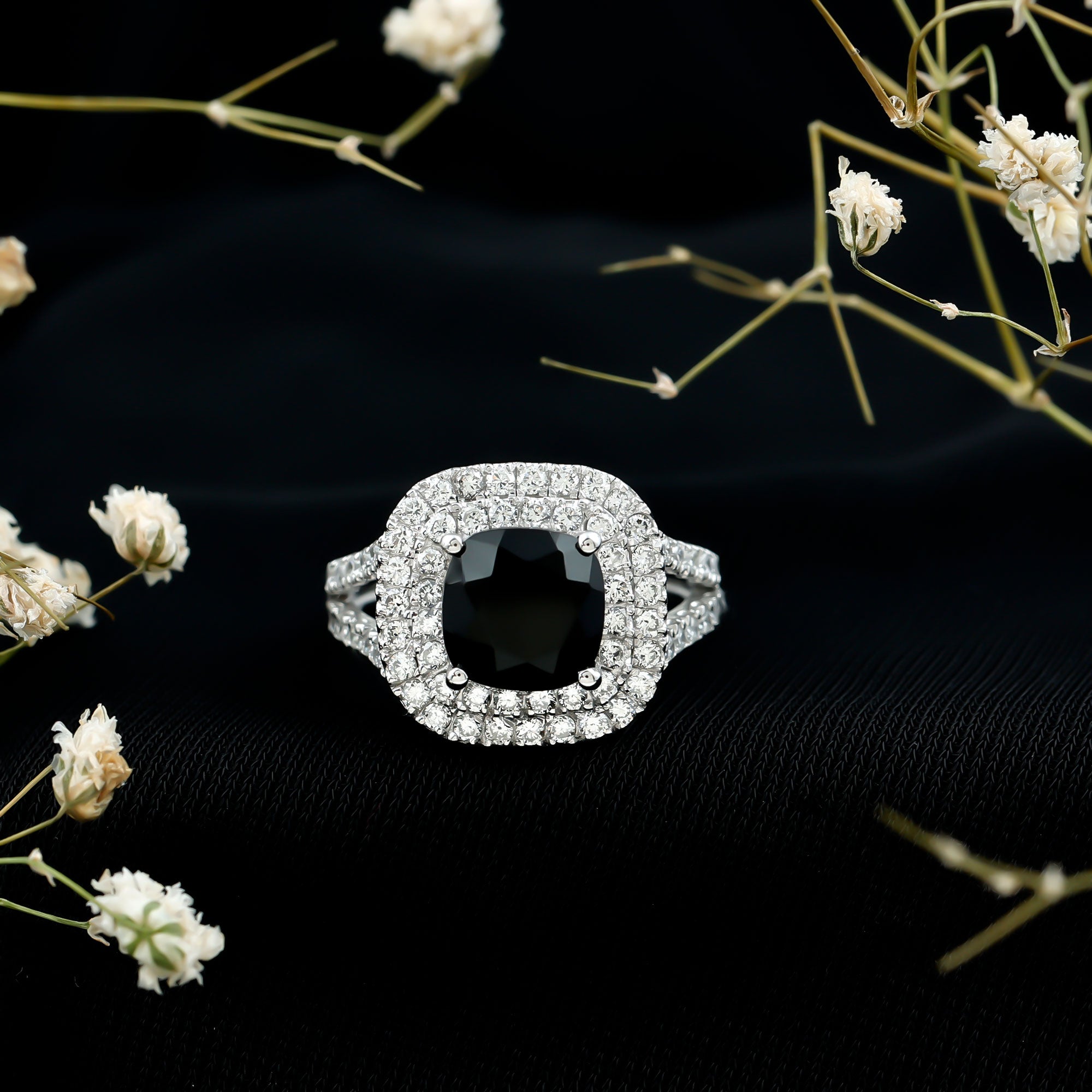 Vintage Style Cushion Cut Black Onyx and Diamond Double Halo Engagement Ring AAA - Rosec Jewels