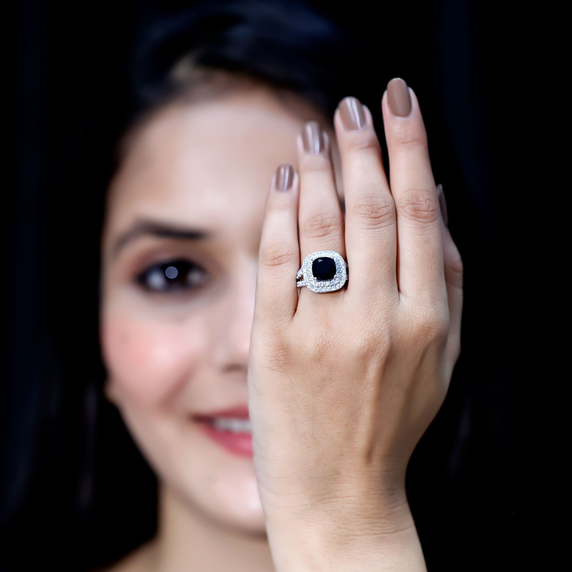 Vintage Style Cushion Cut Black Onyx and Diamond Double Halo Engagement Ring AAA - Rosec Jewels