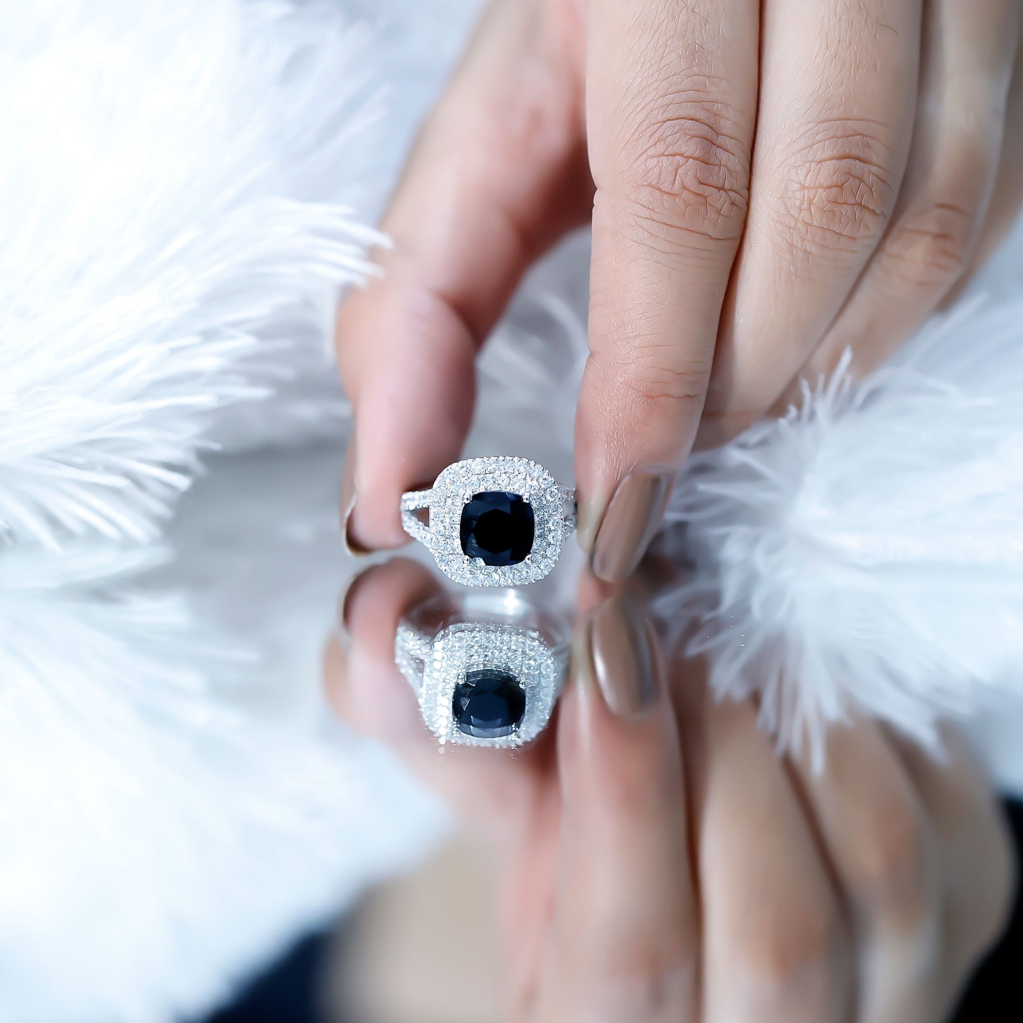 Vintage Style Cushion Cut Black Onyx and Diamond Double Halo Engagement Ring AAA - Rosec Jewels