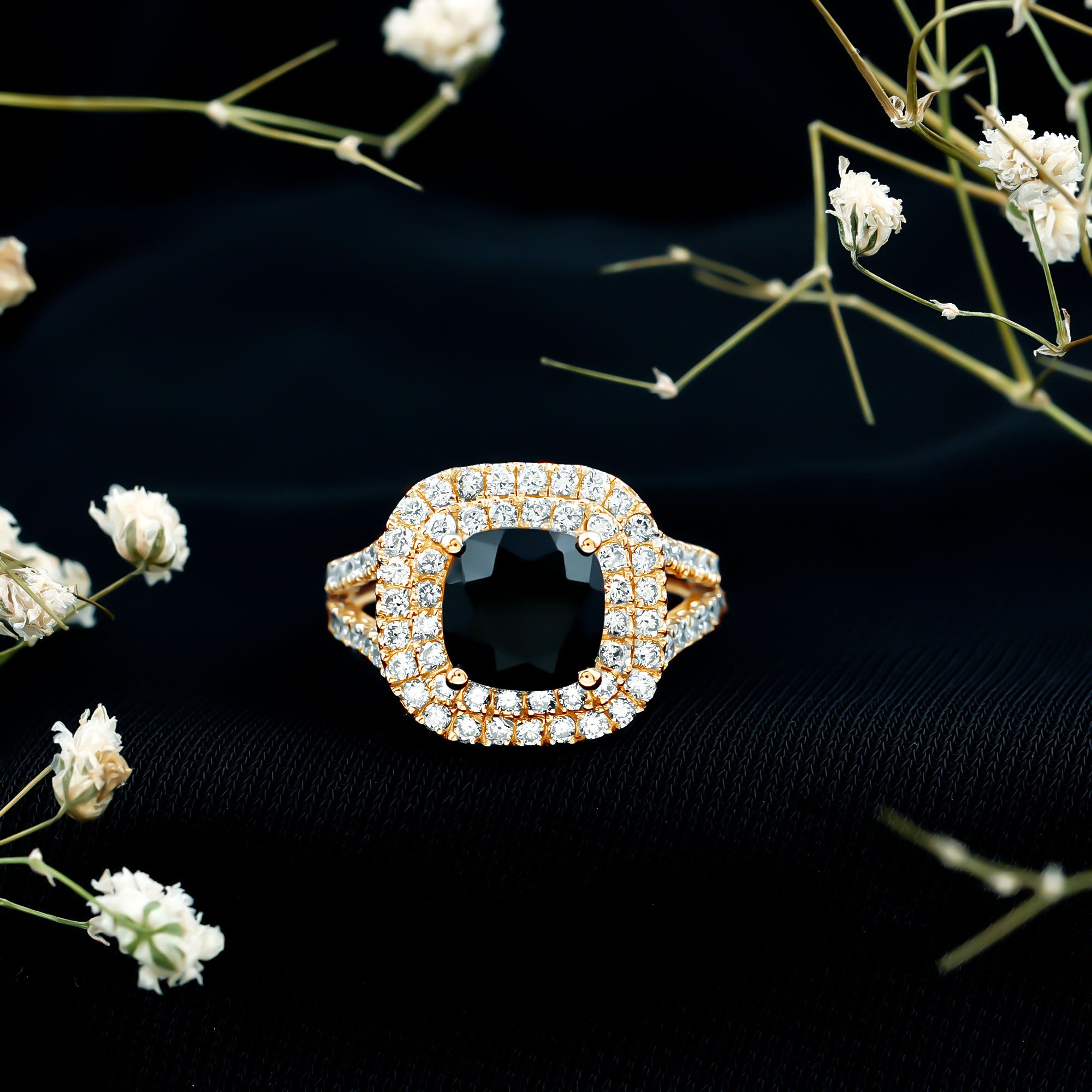 Vintage Style Cushion Cut Black Onyx and Diamond Double Halo Engagement Ring AAA - Rosec Jewels