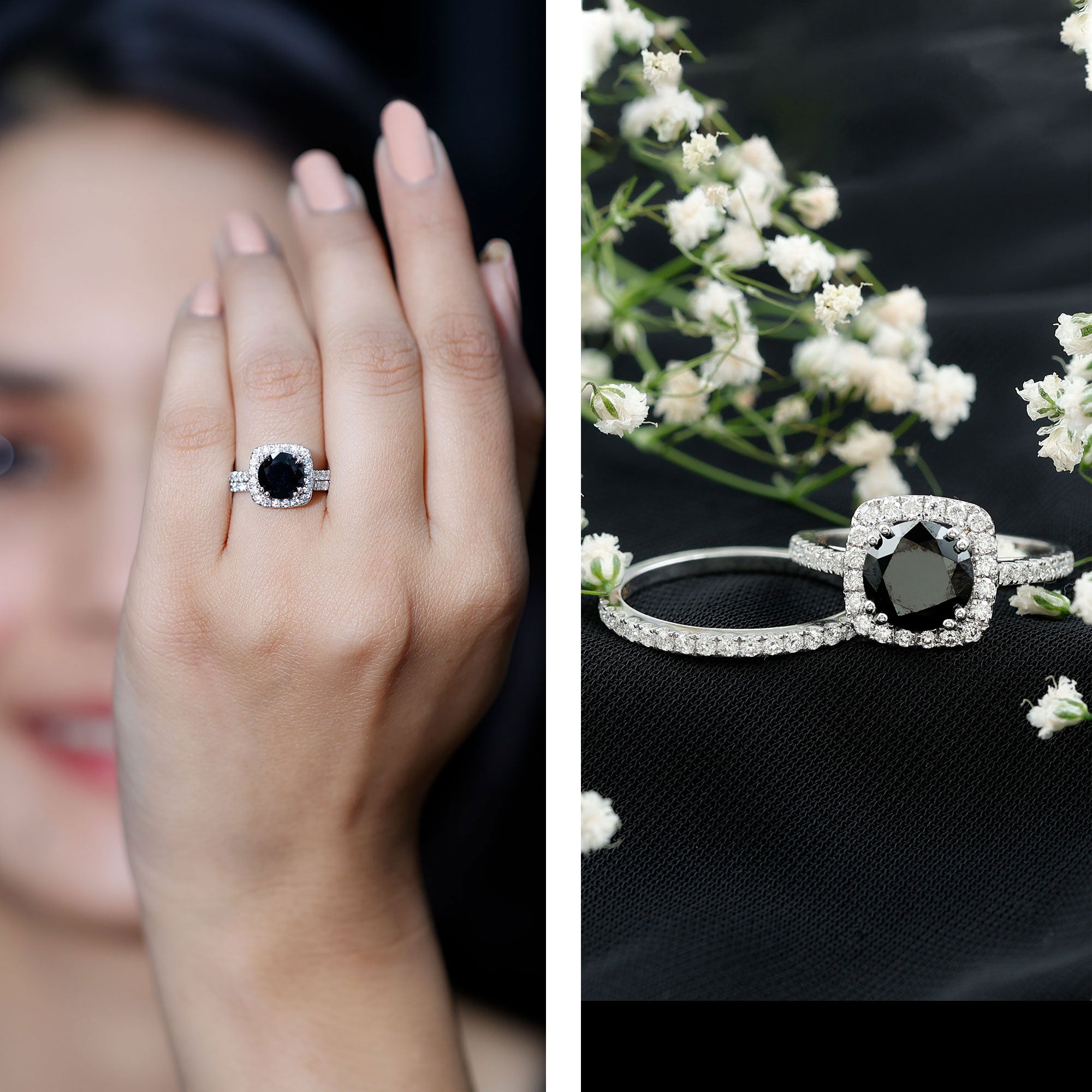 Certified 2 Carat Lab Grown Black Diamond Halo Engagement Ring with Moissanite Wedding Band AAAA ( Synthetic ) - Rosec Jewels