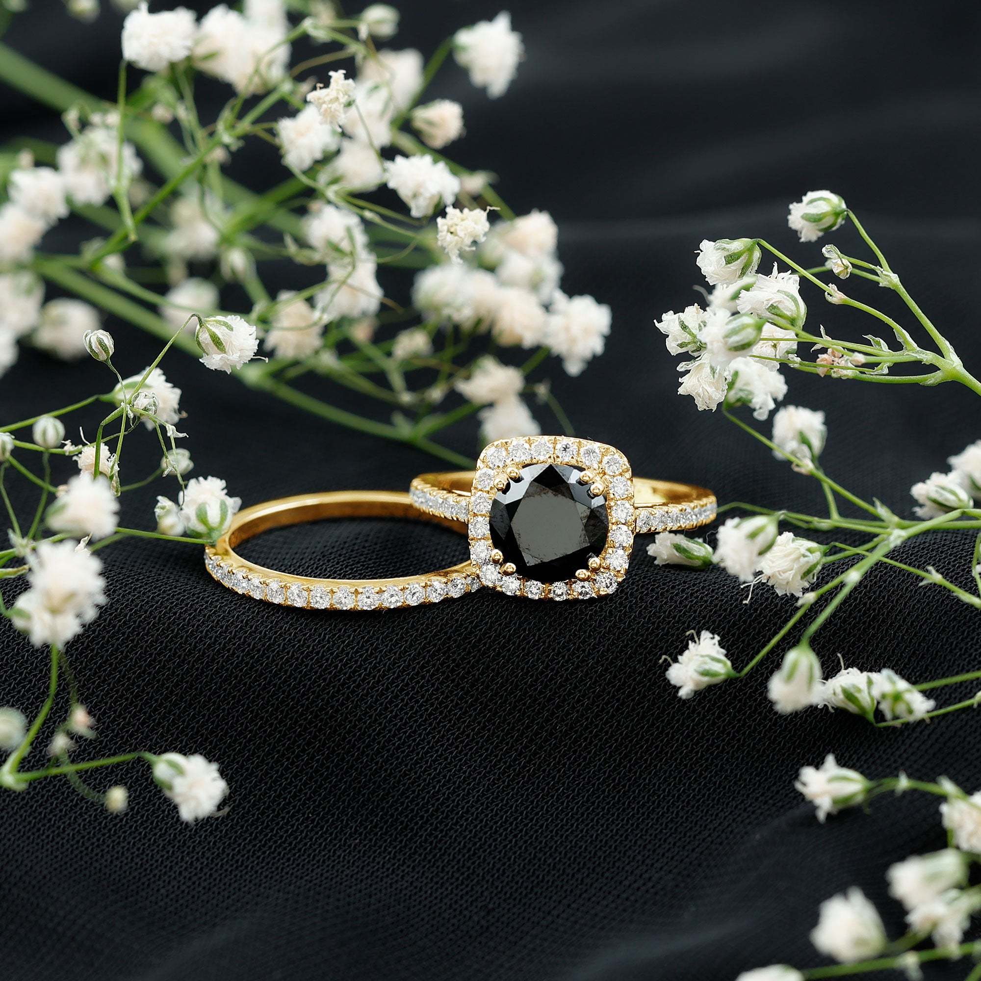 Certified 2 Carat Lab Grown Black Diamond Halo Engagement Ring with Moissanite Wedding Band AAAA ( Synthetic ) - Rosec Jewels