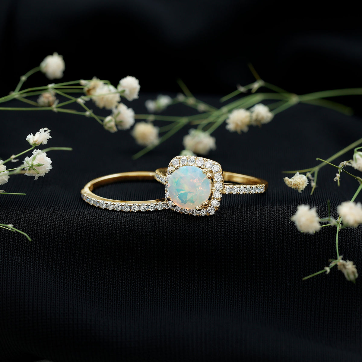 Real Ethiopian Opal Engagement Ring with Moissanite Wedding Band AAA - Rosec Jewels