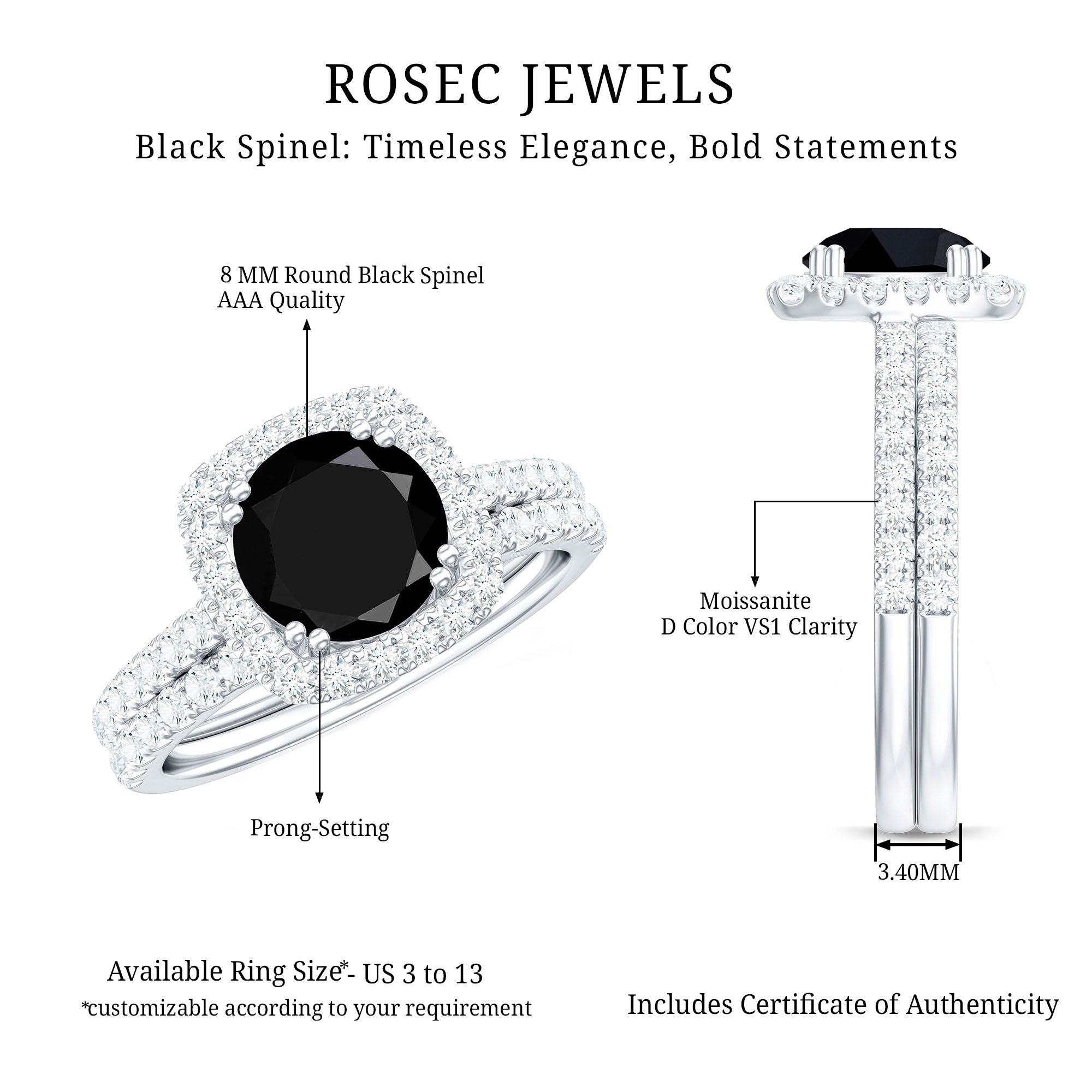Natural Black Spinel Wedding Bridal Ring Set with Moissanite AAA - Rosec Jewels