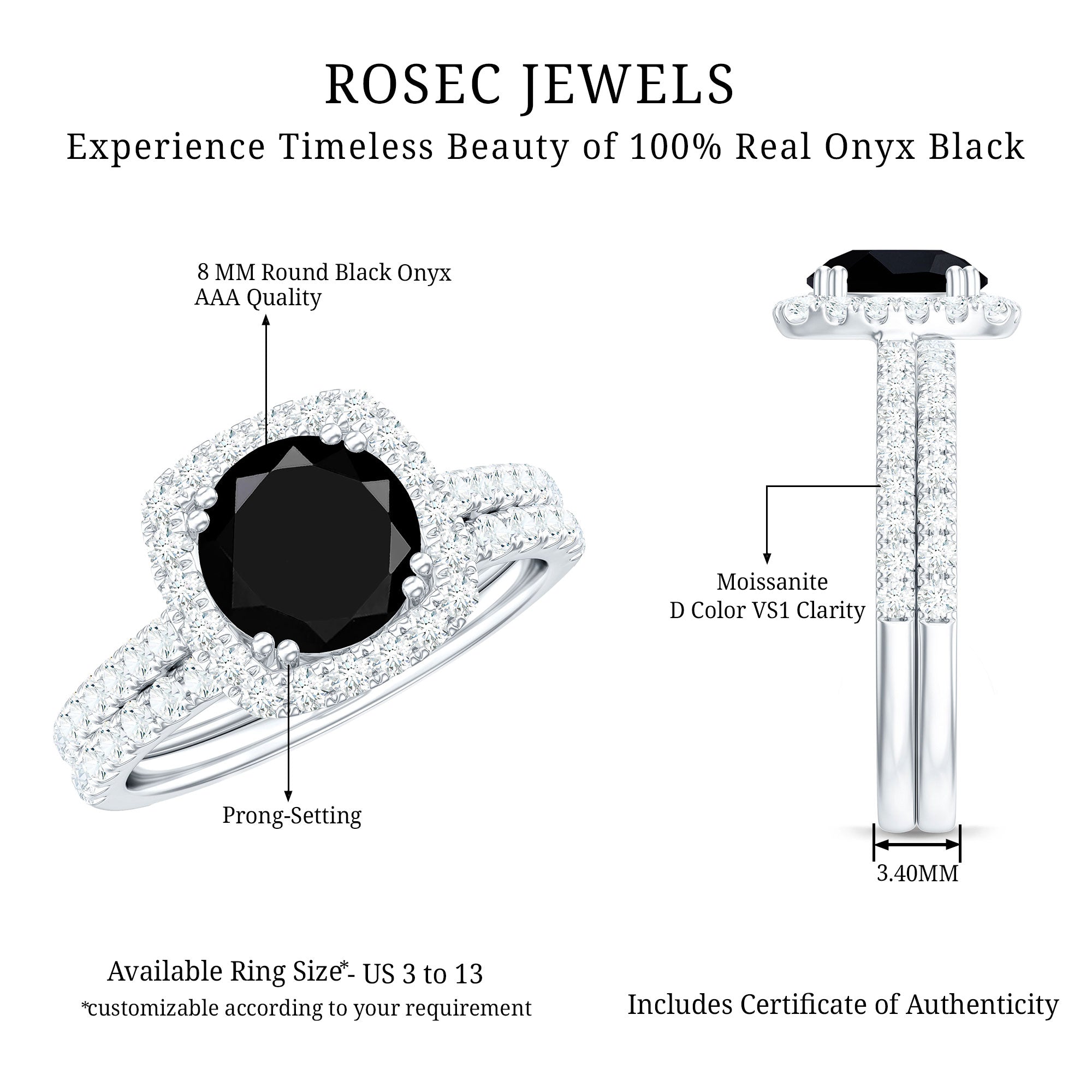 Round Cut Black Onyx Bridal Wedding Ring Set with Moissanite AAA - Rosec Jewels