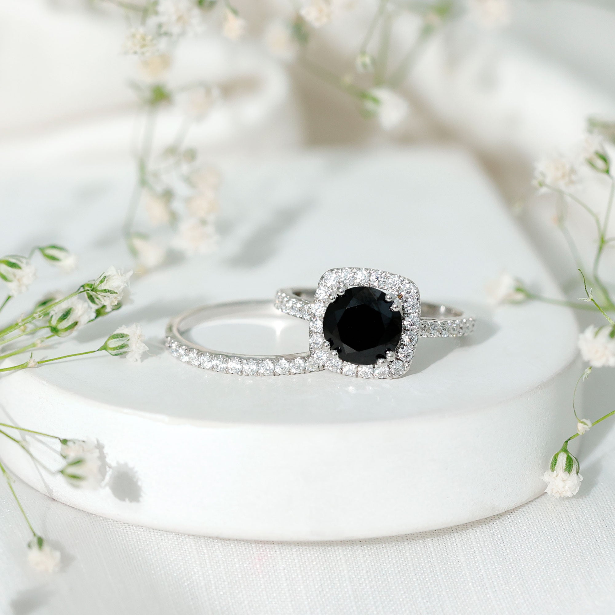Round Cut Black Onyx Bridal Wedding Ring Set with Moissanite AAA - Rosec Jewels