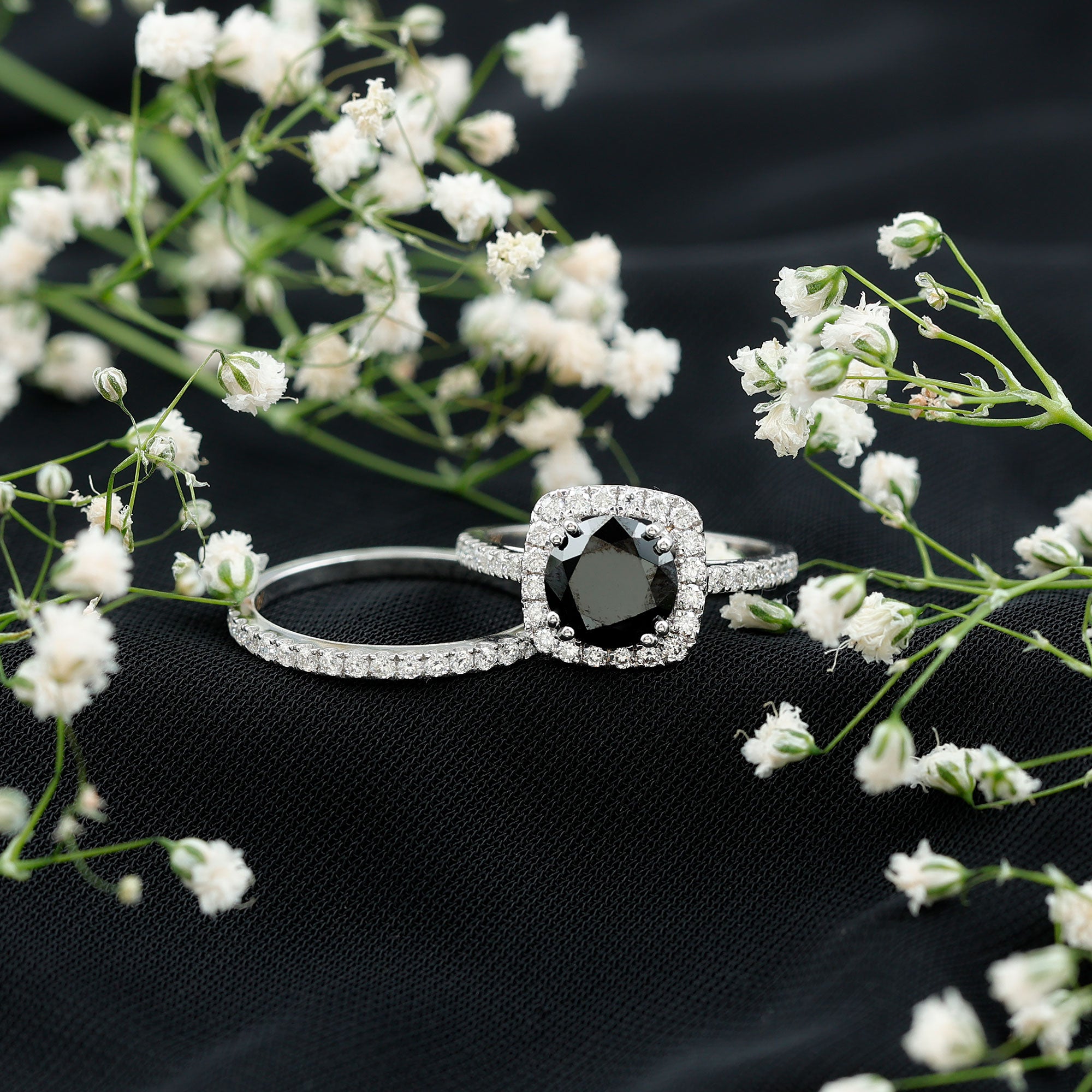 Round Cut Black Onyx Bridal Wedding Ring Set with Moissanite AAA - Rosec Jewels