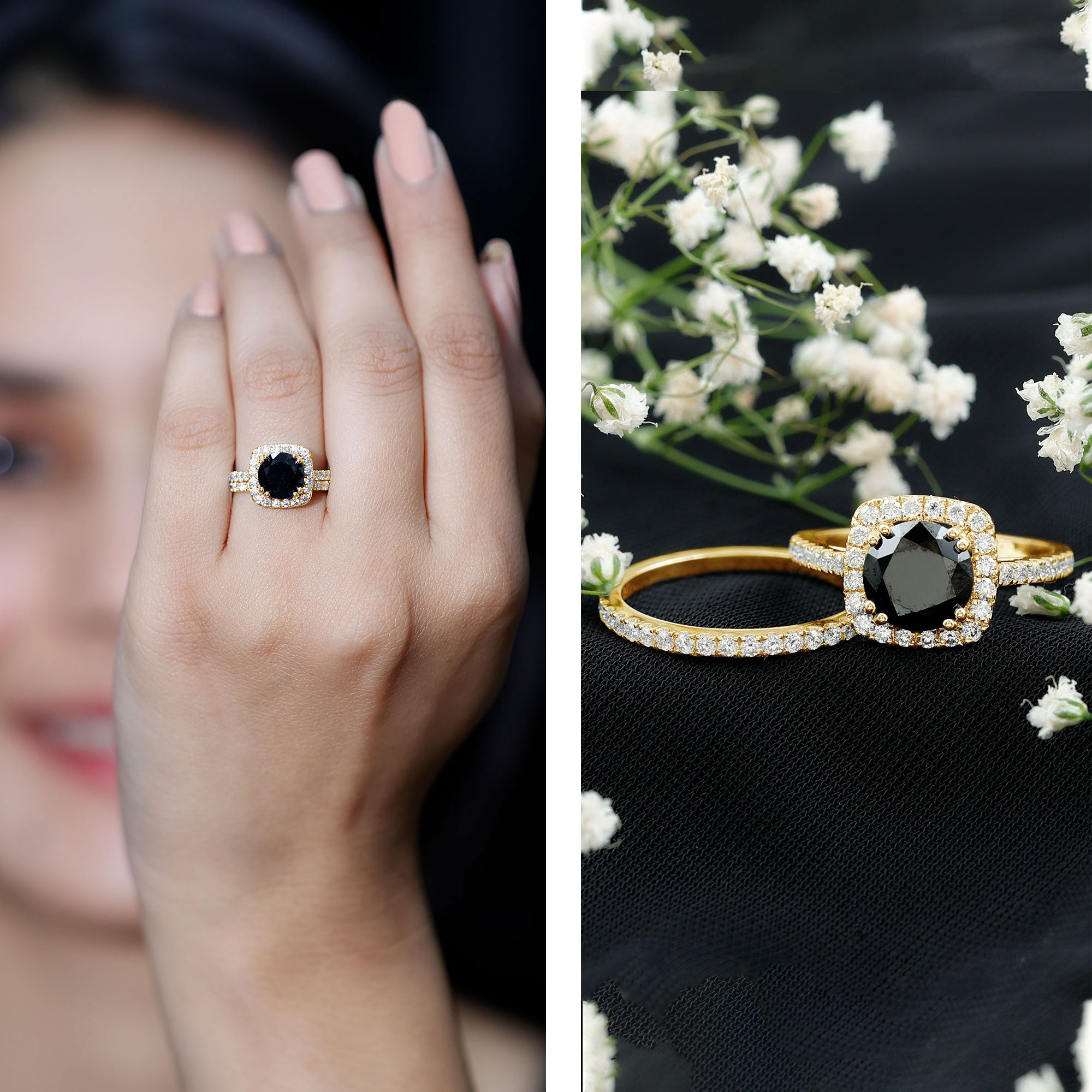 Round Cut Black Onyx Bridal Wedding Ring Set with Moissanite AAA - Rosec Jewels
