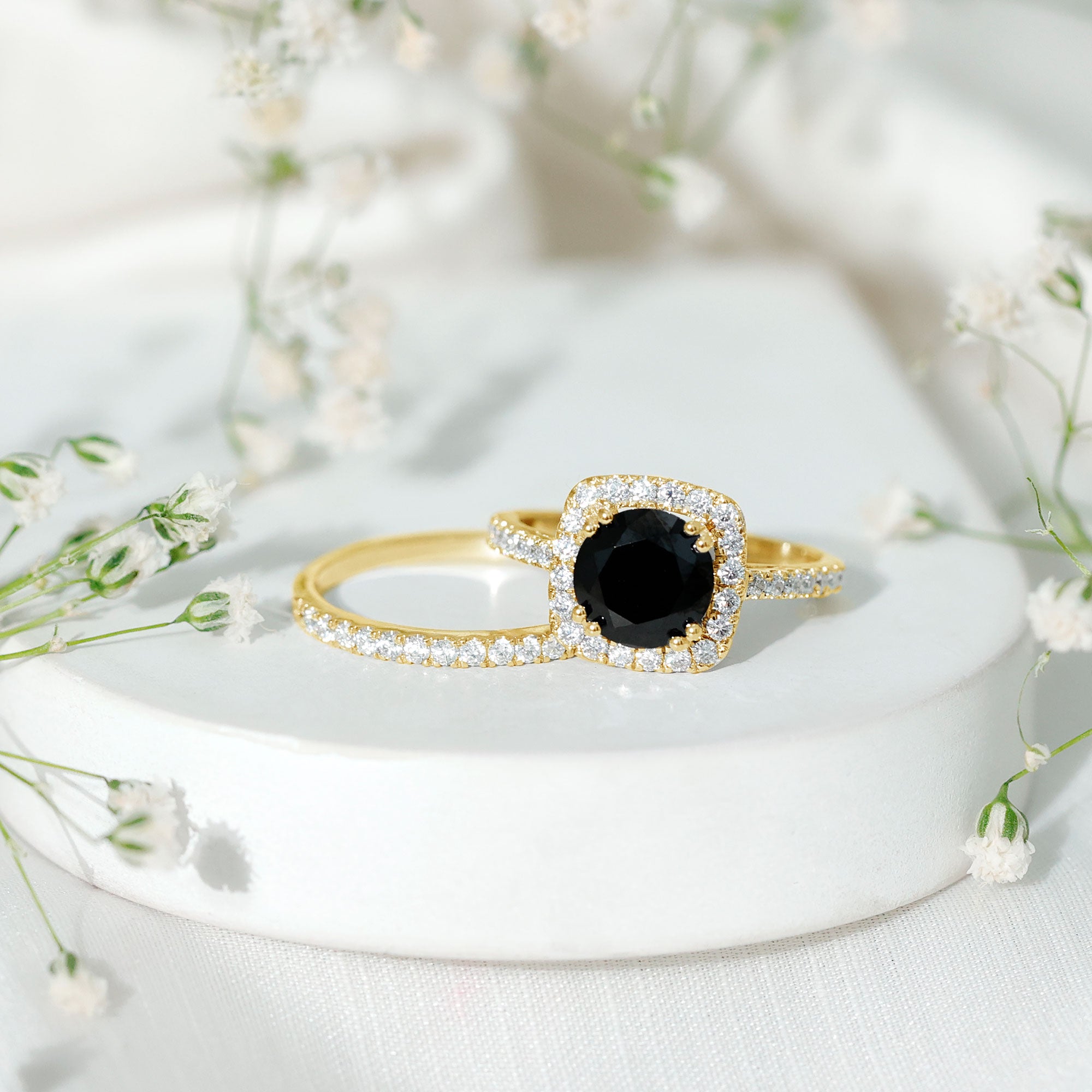 Round Cut Black Onyx Bridal Wedding Ring Set with Moissanite AAA - Rosec Jewels