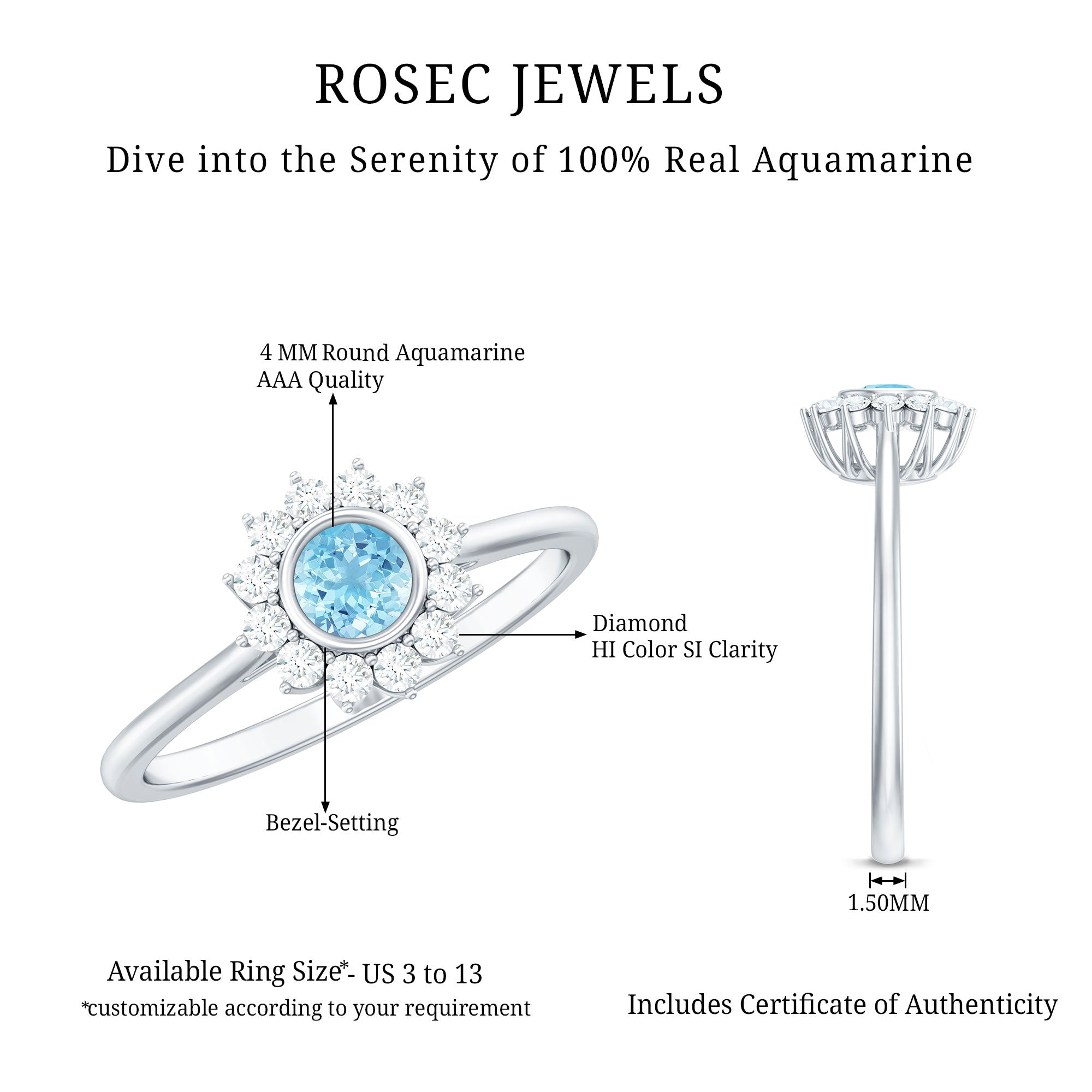 Real Round Aquamarine and Diamond Halo Promise Ring AAA - Rosec Jewels