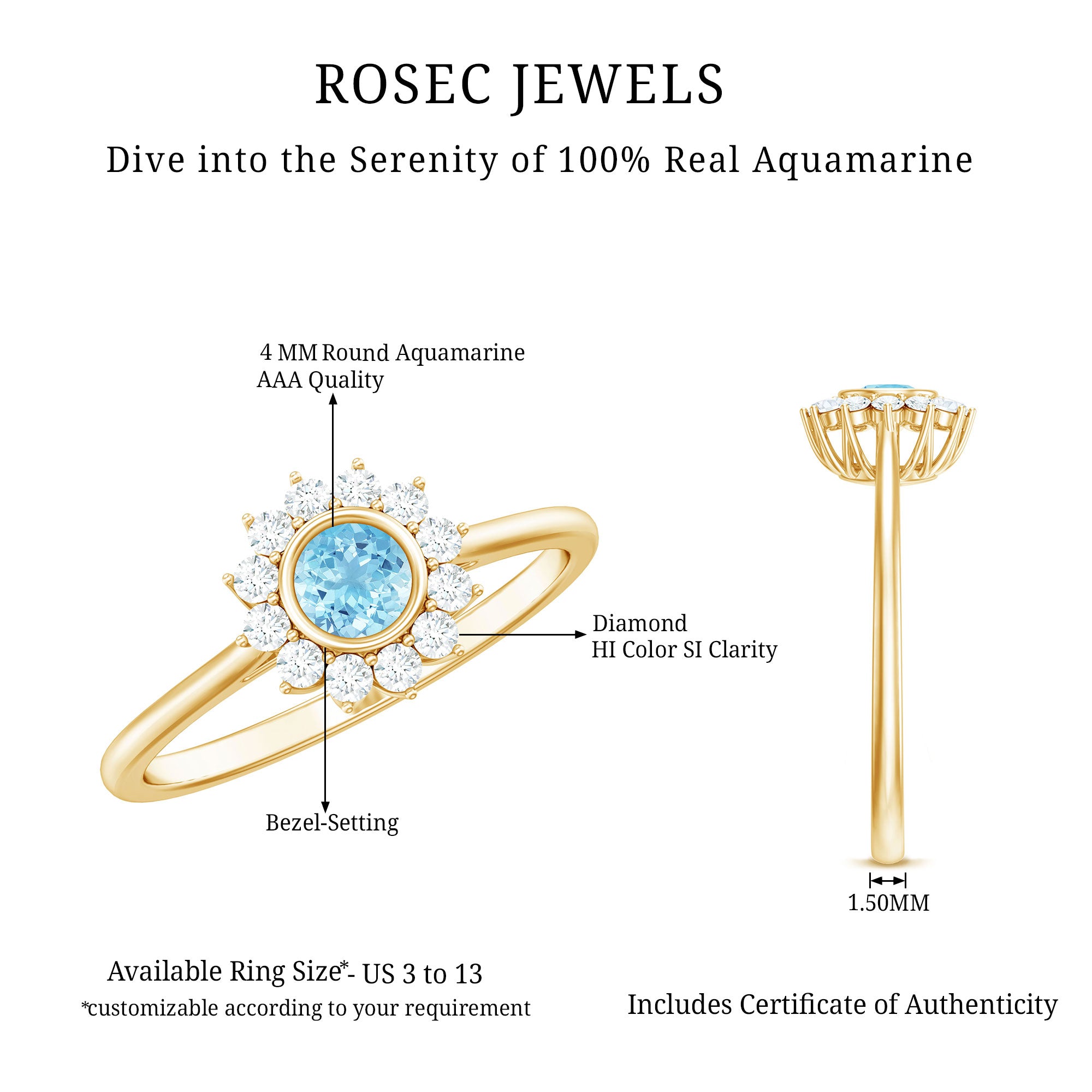 Real Round Aquamarine and Diamond Halo Promise Ring AAA - Rosec Jewels
