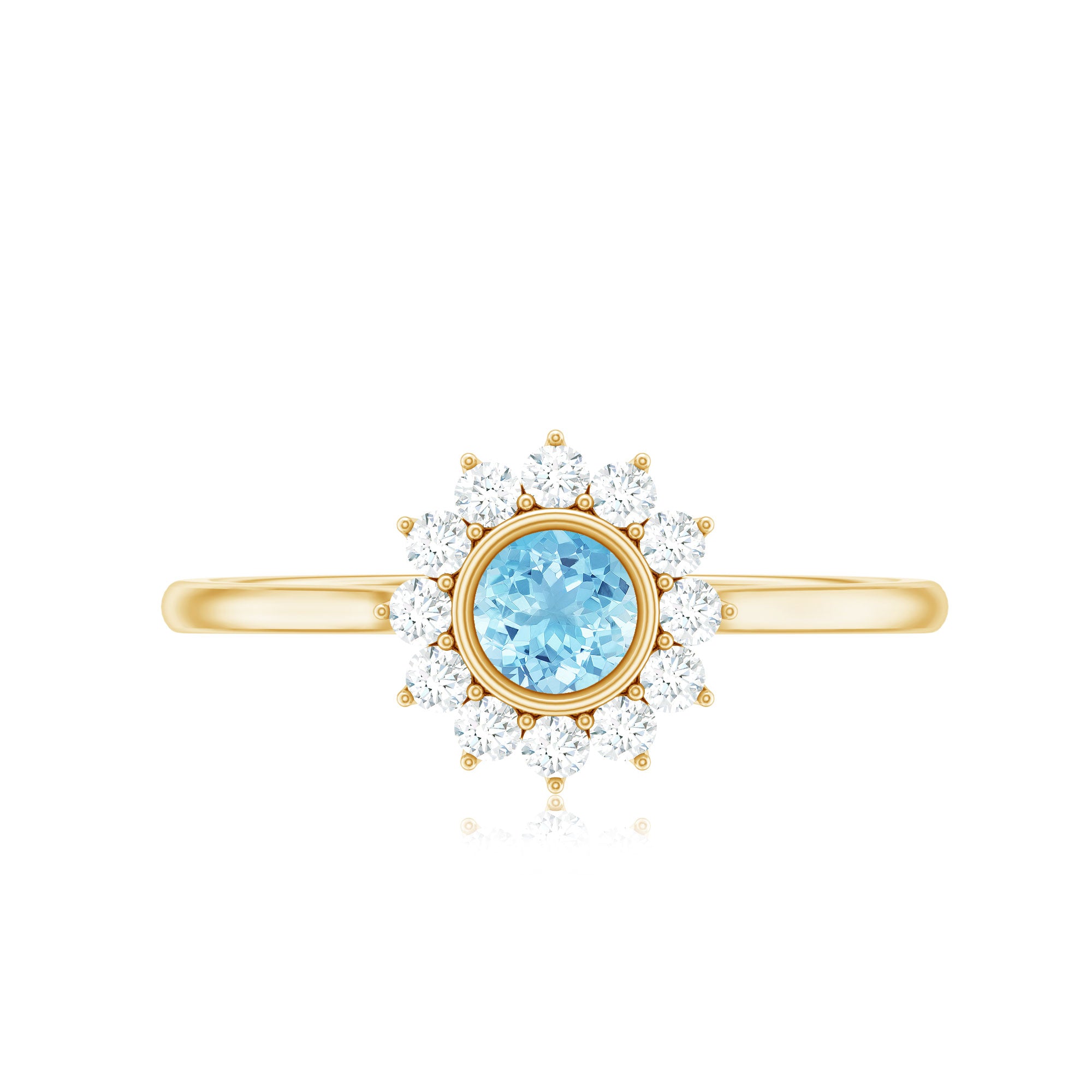 Real Round Aquamarine and Diamond Halo Promise Ring AAA - Rosec Jewels