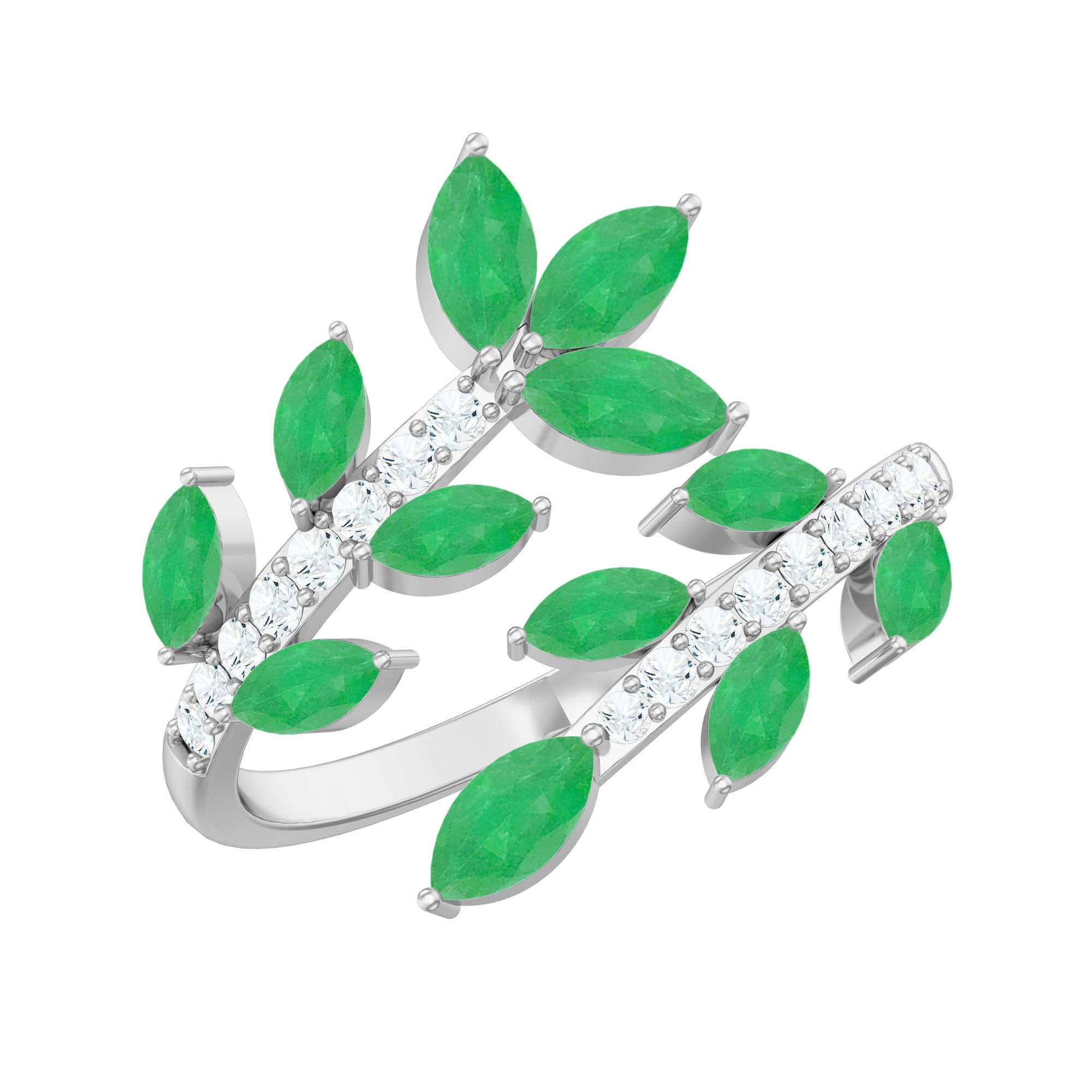 Natural Emerald and Diamond Leaf Wrap Ring