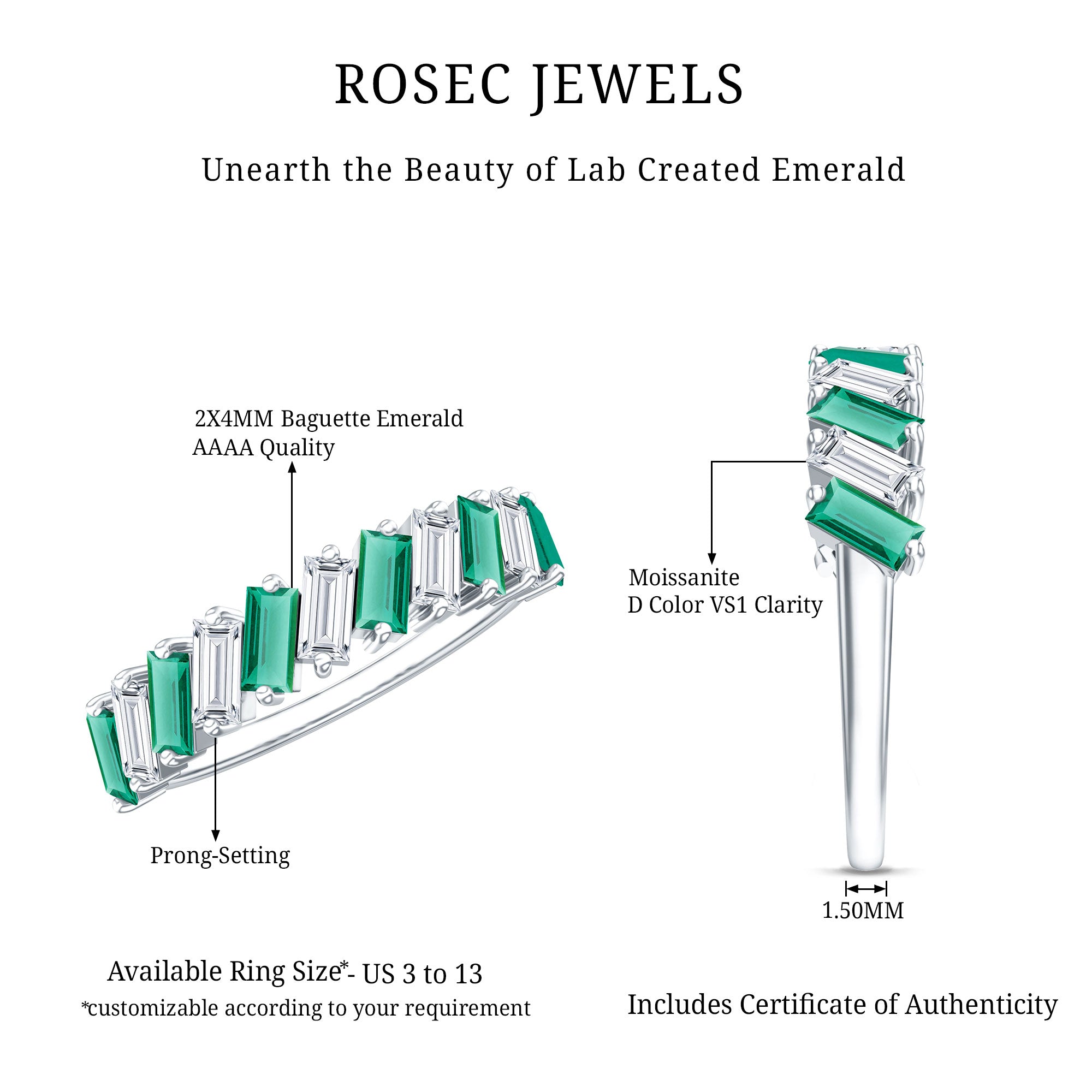 Certified Baguette Lab Grown Emerald Wedding Anniversary Band Ring AAAA - Rosec Jewels