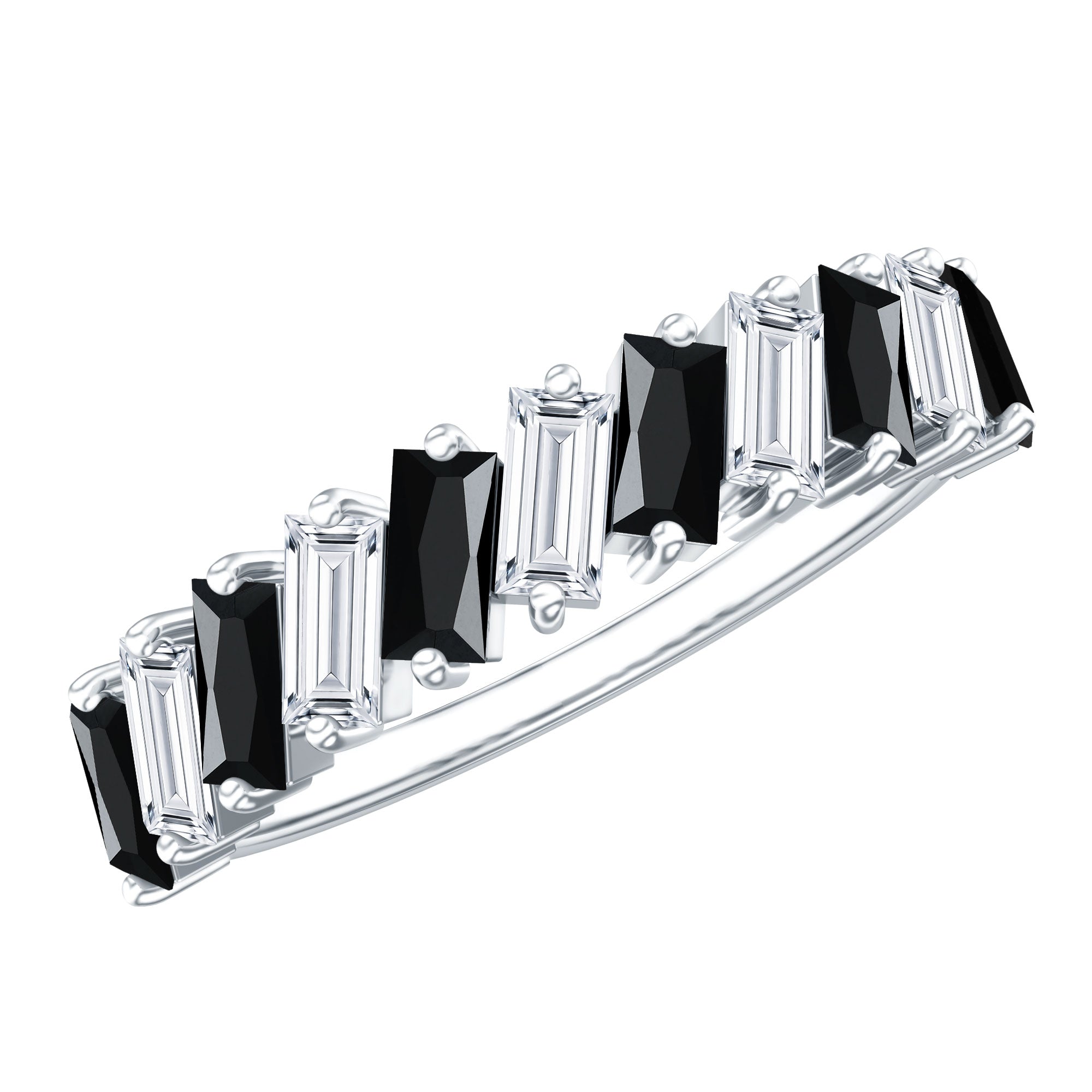Baguette Cut Black Onyx and Moissanite Tilted Half Eternity Ring AAA - Rosec Jewels