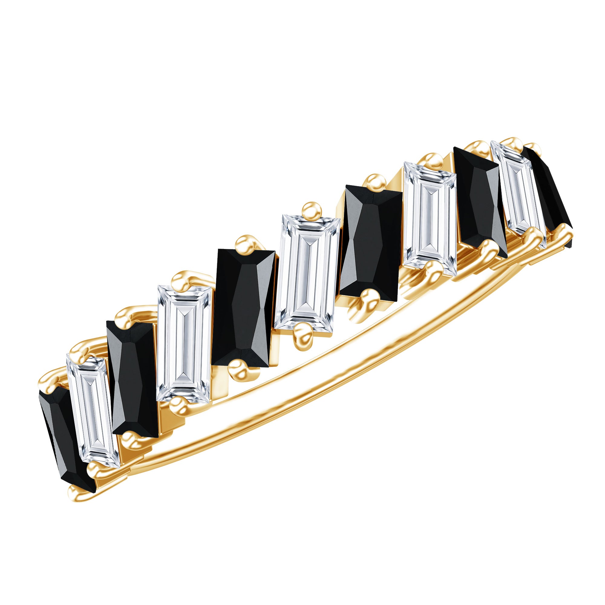 Baguette Cut Black Onyx and Moissanite Tilted Half Eternity Ring AAA - Rosec Jewels