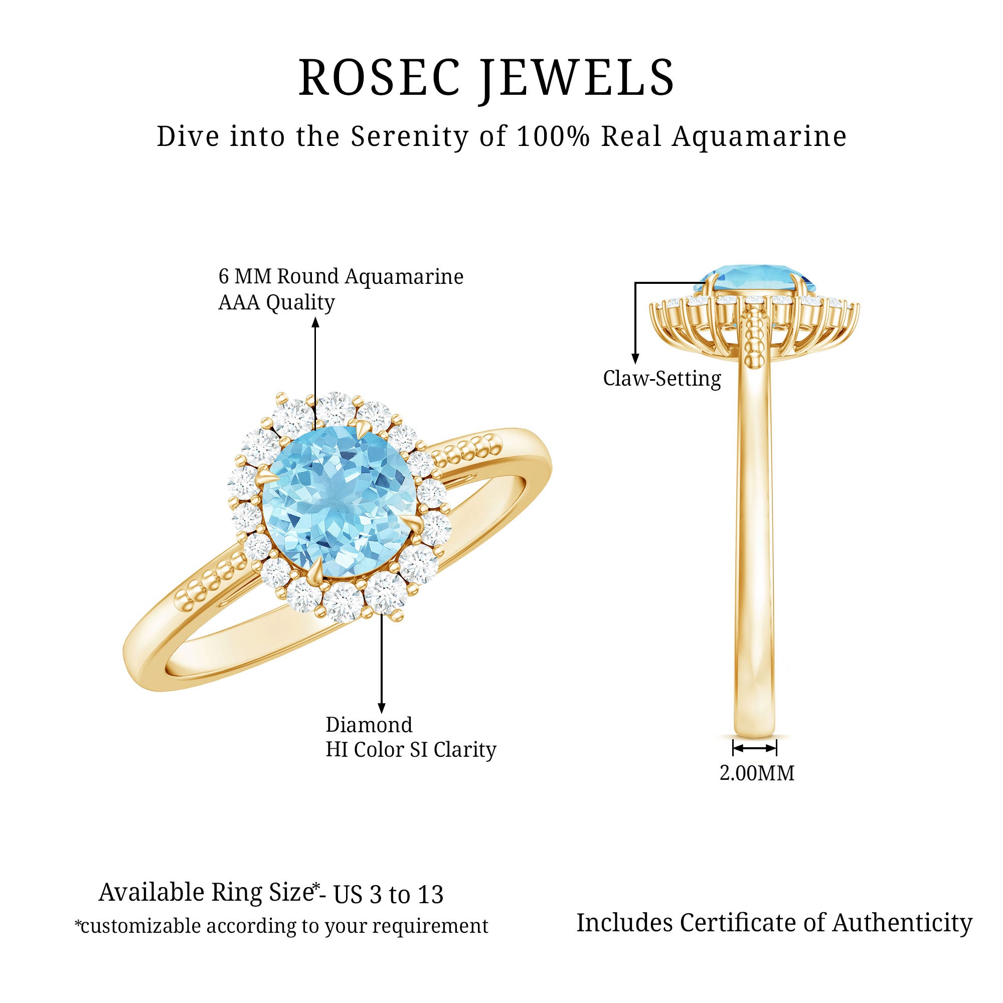Natural 6MM Aquamarine Halo Engagement Ring with Diamond AAA - Rosec Jewels