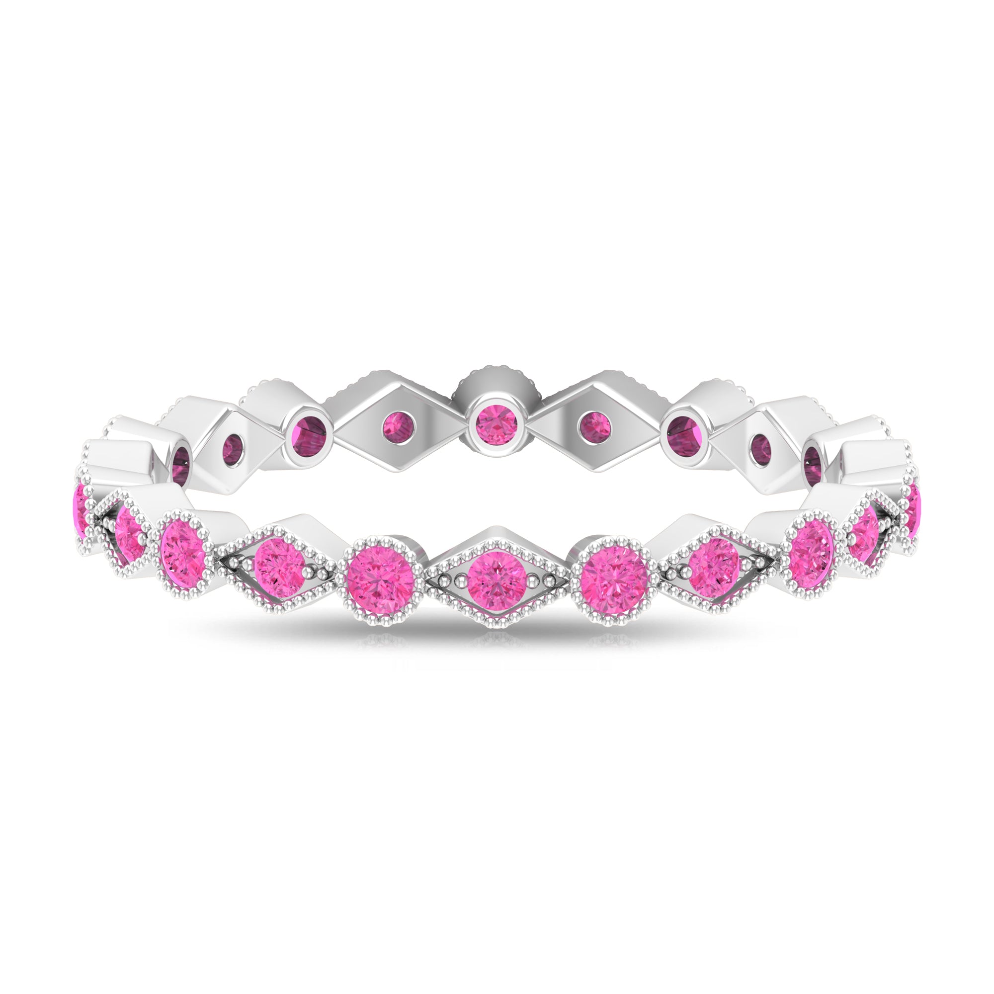 Created Pink Sapphire Stackable Eternity Ring with Beaded Shank AAAA - Rosec Jewels