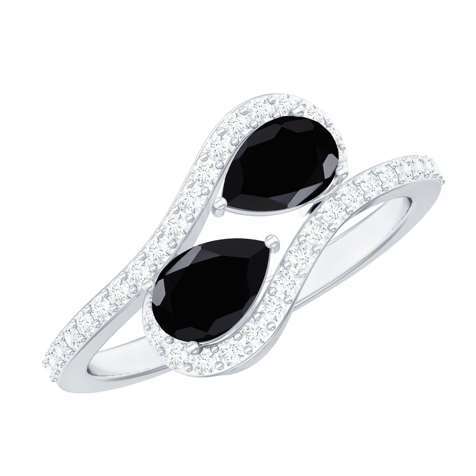 6X8mm Pear Cut Black Onyx Two Stone Engagement Ring with Diamond