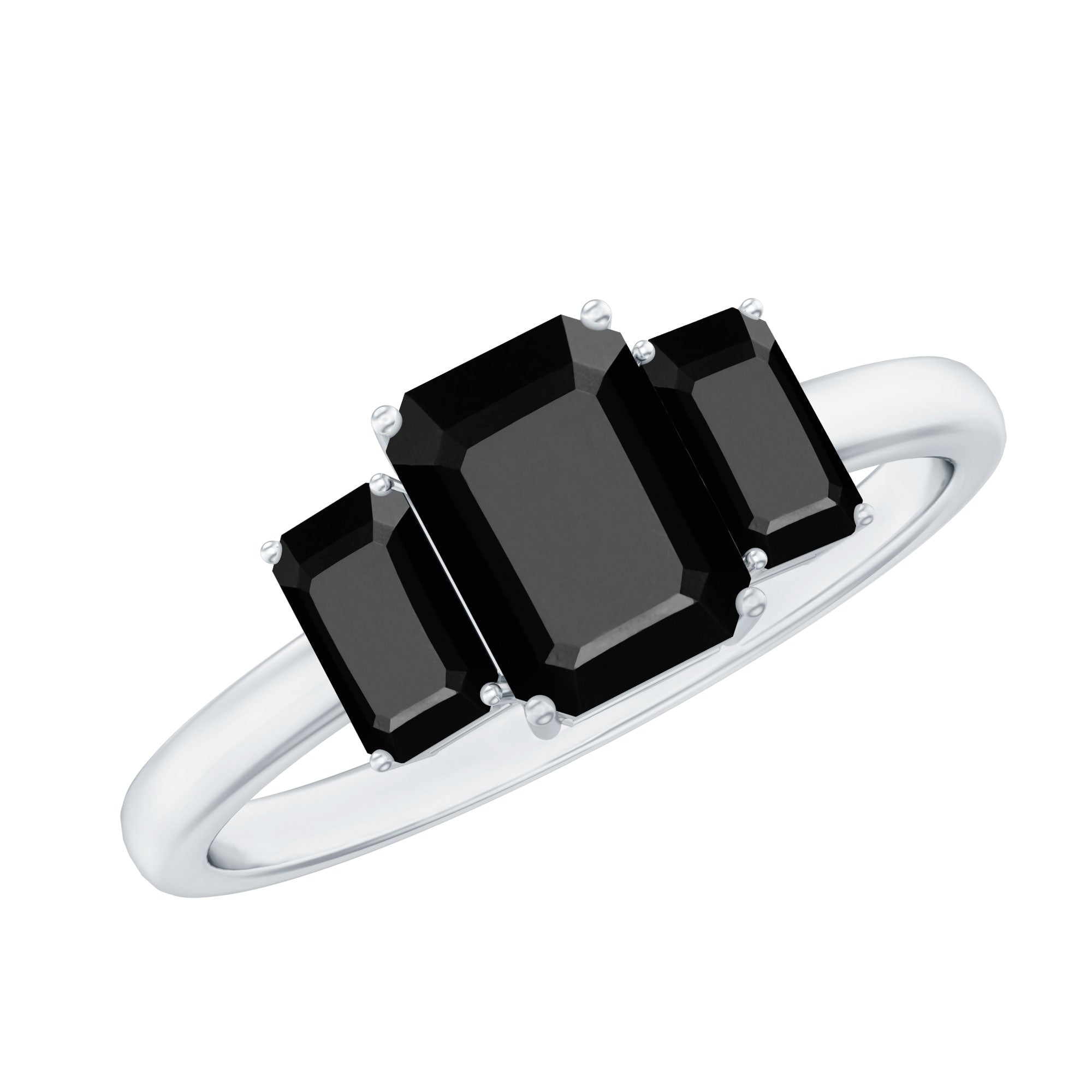 Emerald Cut Black Onyx Three Stone Engagement Ring AAA - Rosec Jewels