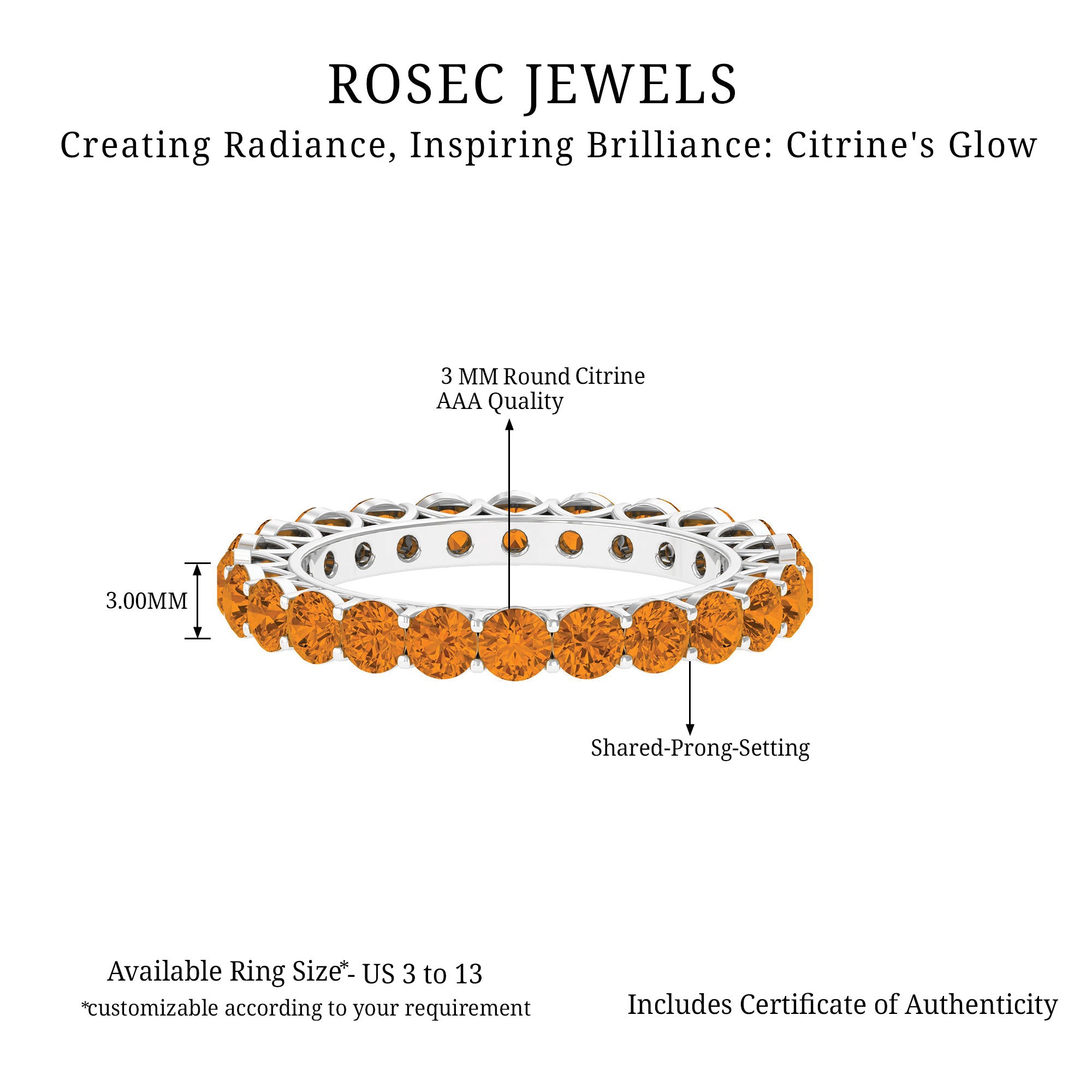 Round Citrine Simple Full Eternity Band Ring AAA - Rosec Jewels