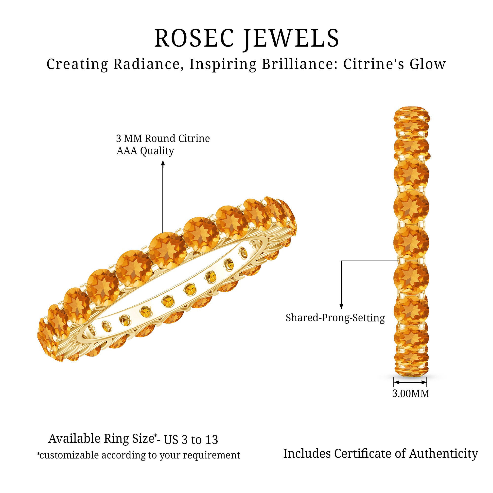 Round Citrine Simple Full Eternity Band Ring AAA - Rosec Jewels