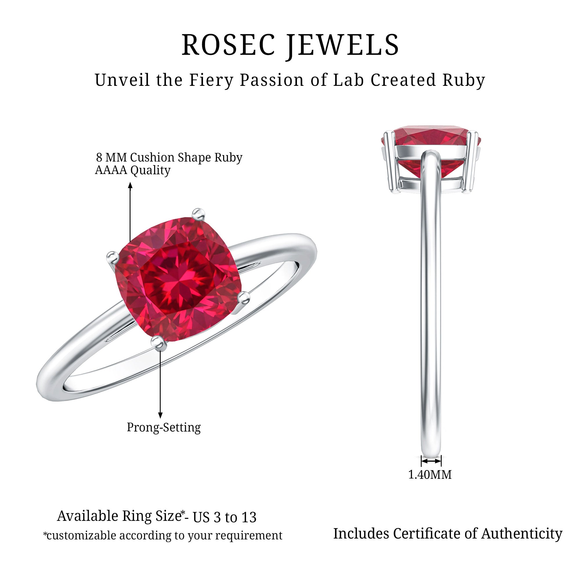 Solitaire 2 Carat Cushion Cut Lab Grown Ruby Engagement Ring AAAA - Rosec Jewels
