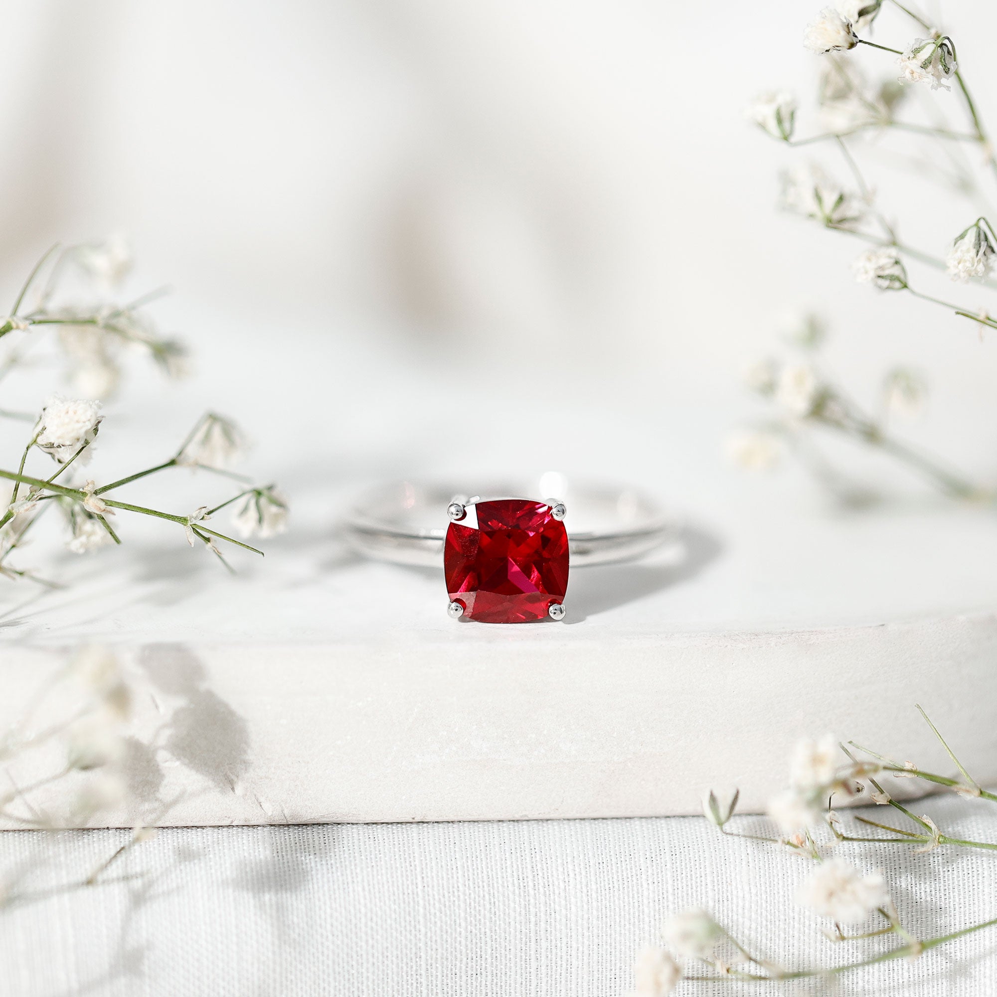 Solitaire 2 Carat Cushion Cut Lab Grown Ruby Engagement Ring AAAA - Rosec Jewels